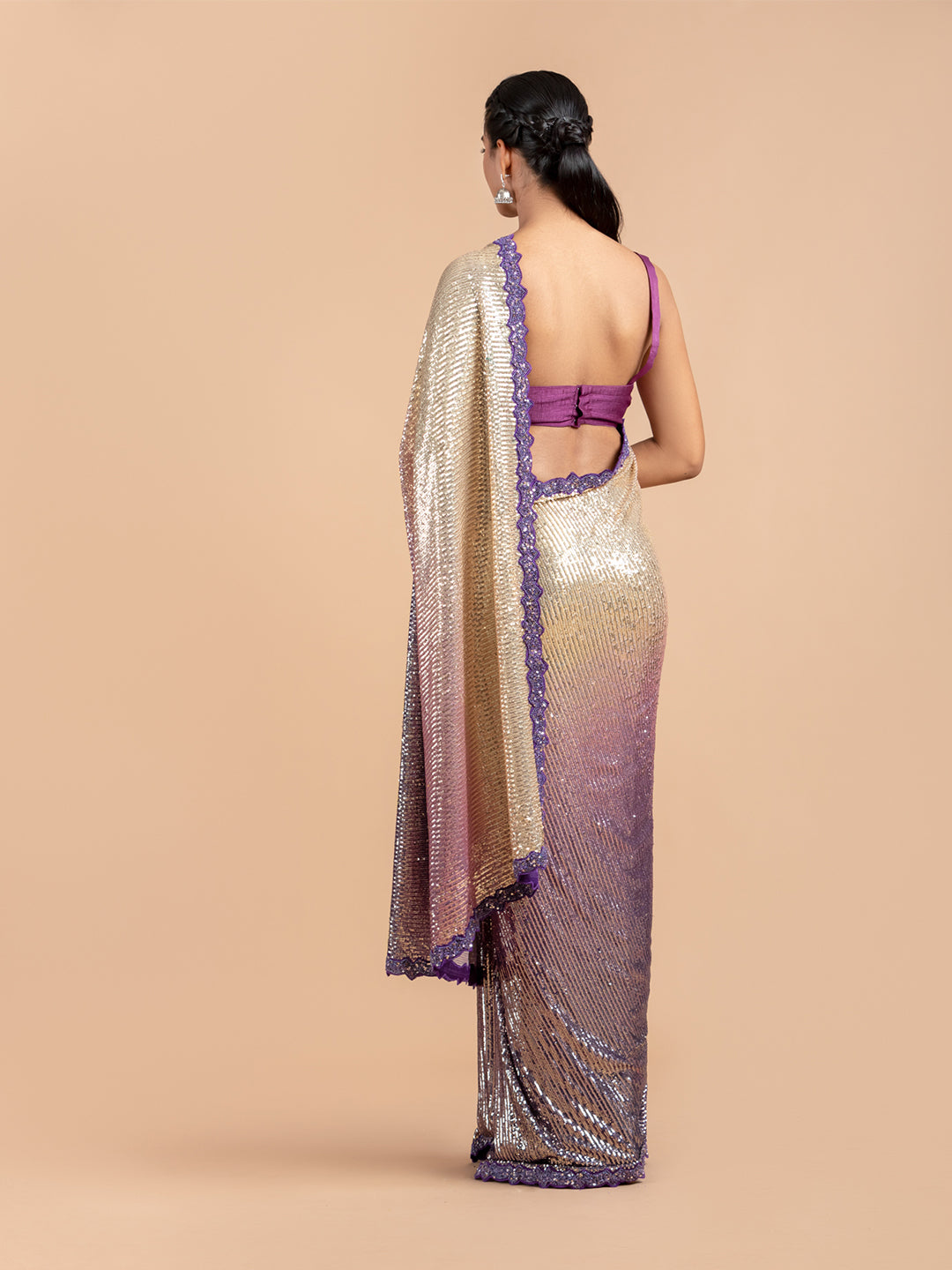 Purple To Champagne Shaded Sequin Saree