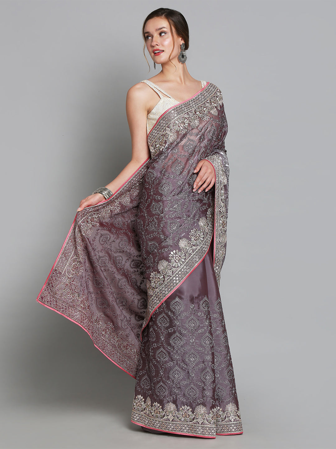 Light Purple Soft Tissue Lucknowi Saree