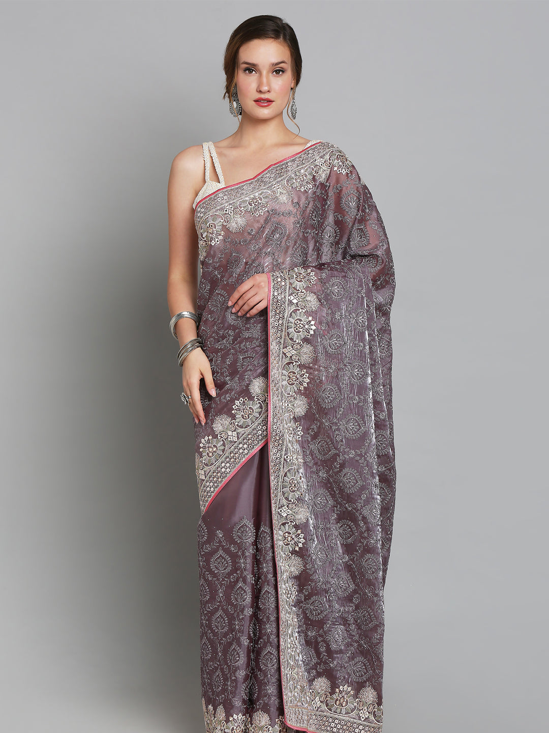 Light Purple Soft Tissue Lucknowi Saree