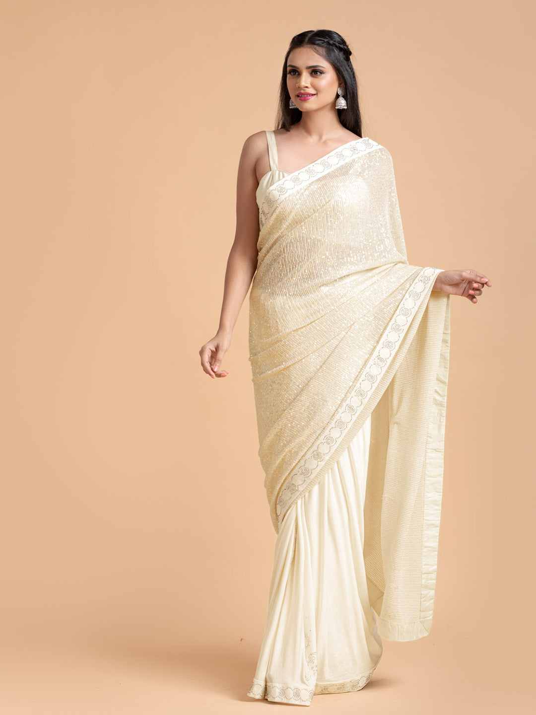 Ivory Lycra Saree With Embroidered Sequins Pallu With Blouse Fabric