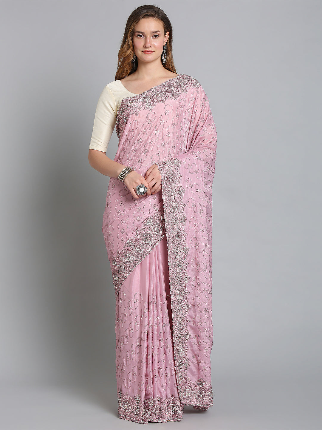 Dusty Pink Crepe Embroidered Saree