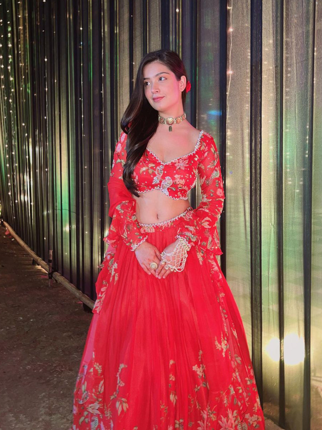 Floral Print Pleated Lehenga In Red