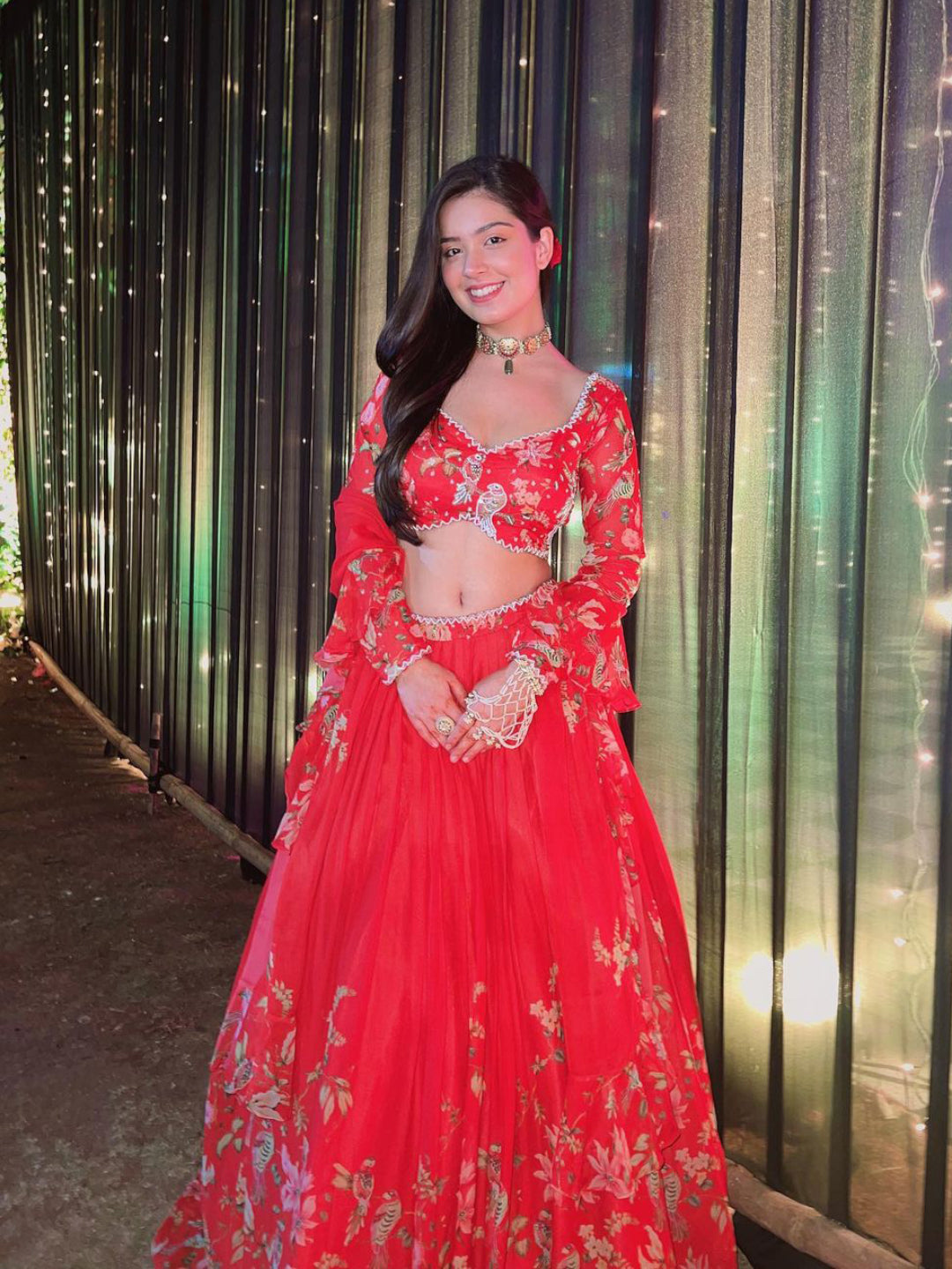 Floral Print Pleated Lehenga In Red