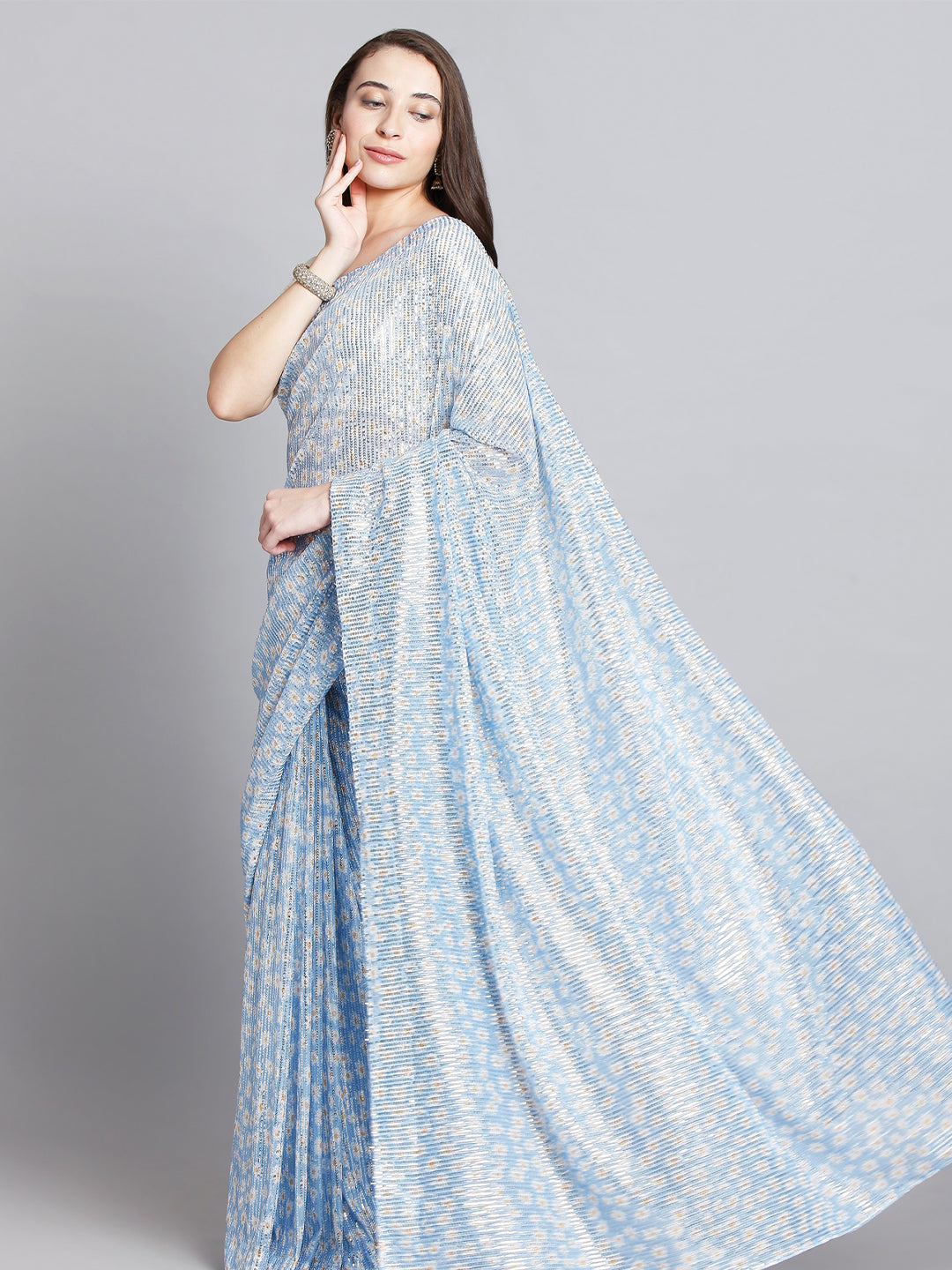Blue Floral Print Net Sequin Saree
