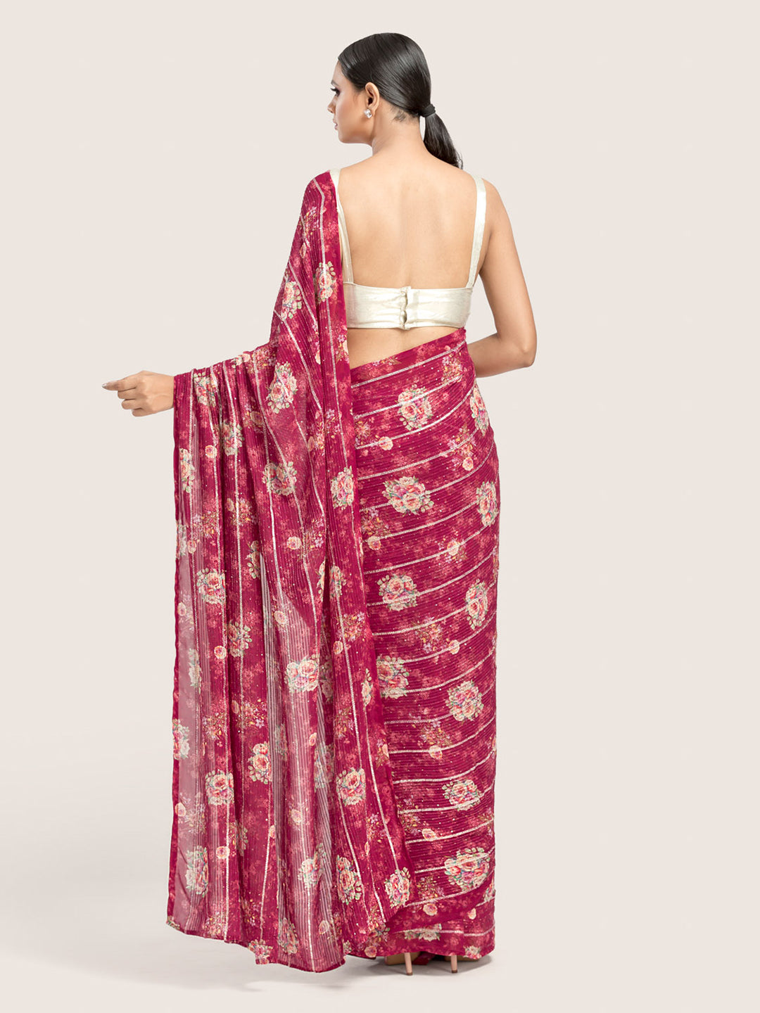 Magenta Floral Printed Georgette Sequins Saree With Blouse Fabric