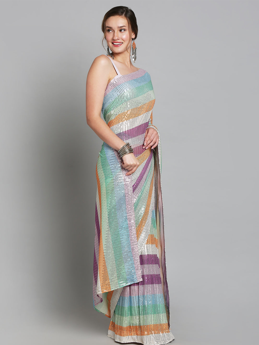 Multi Coloured Sequin Net Saree