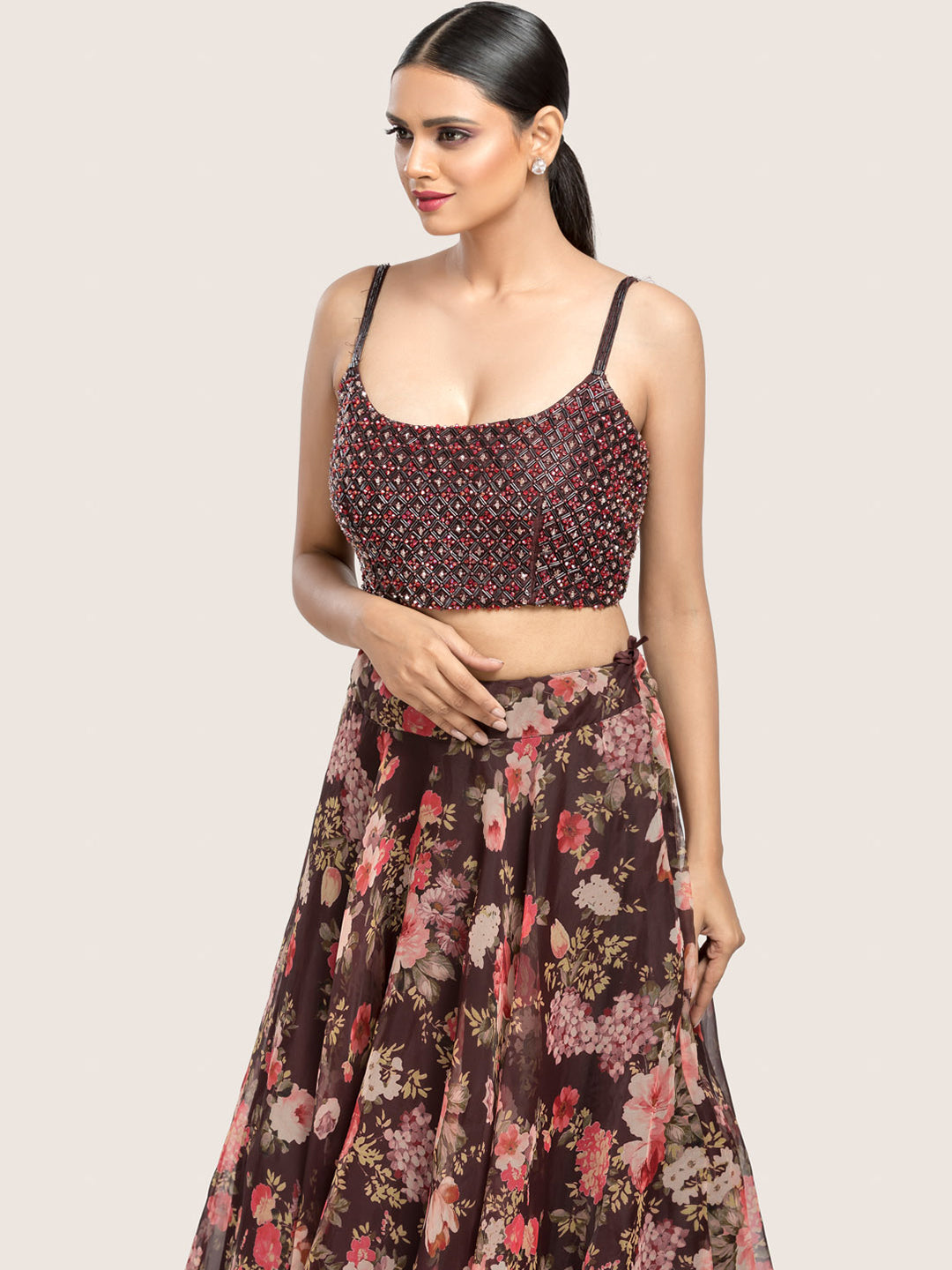 Brown Multicolor Floral Printed Lehenga Set With Hand Embroidered Work
