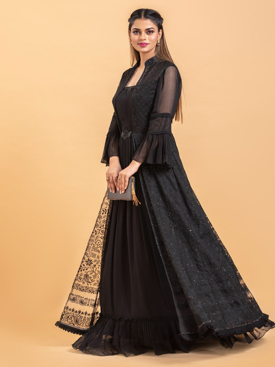 Black Jacket Style Lucknowi Embroidered Gown