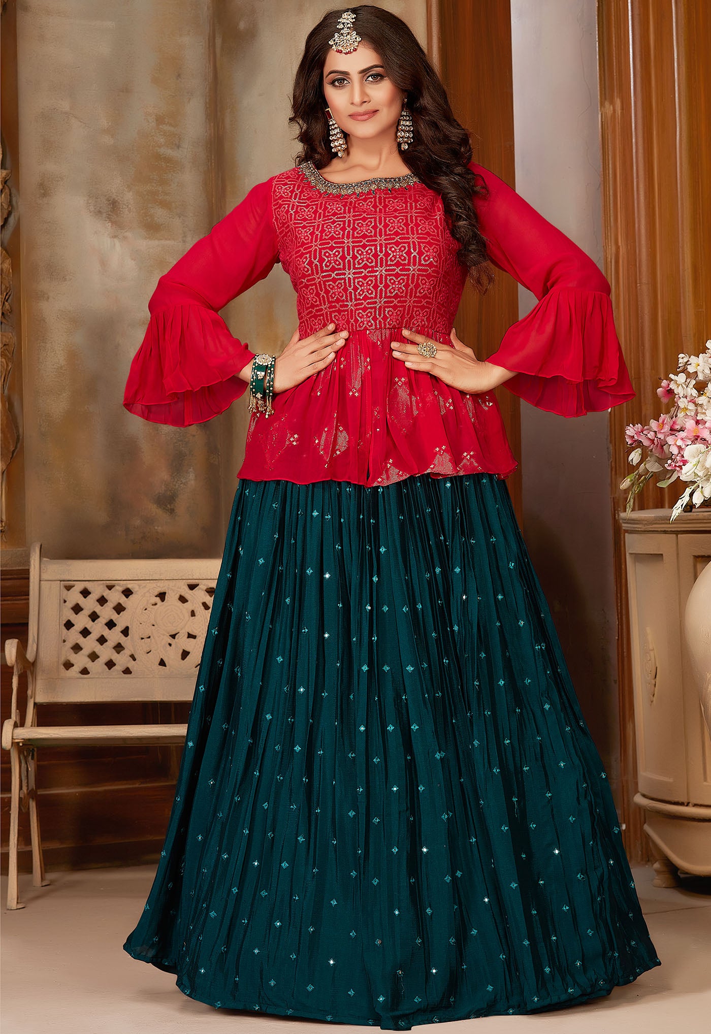 Red & Bottle Green Peplum Style Choli & Ghagra With Sequins, Foil & Thread Work