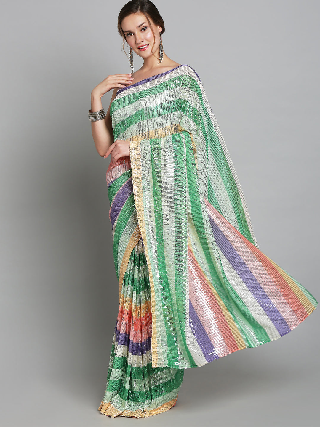 Multi Coloured Sequin Net Saree