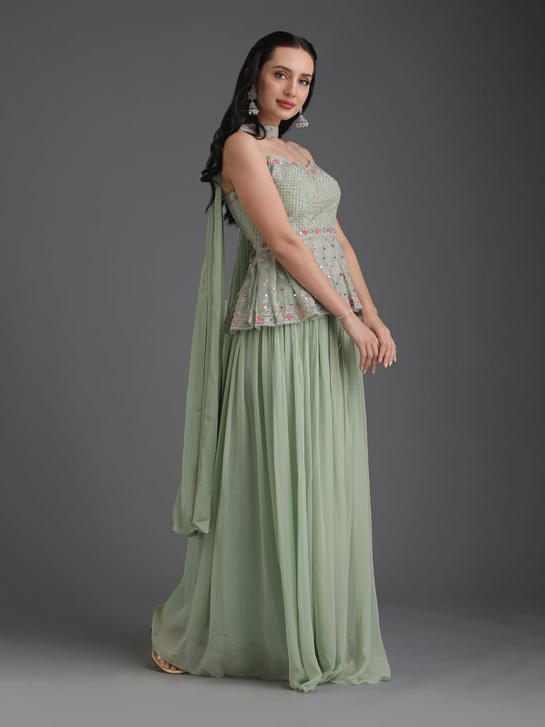 Mint Green Peplum-Style Sharara Set – Tirumala Designers