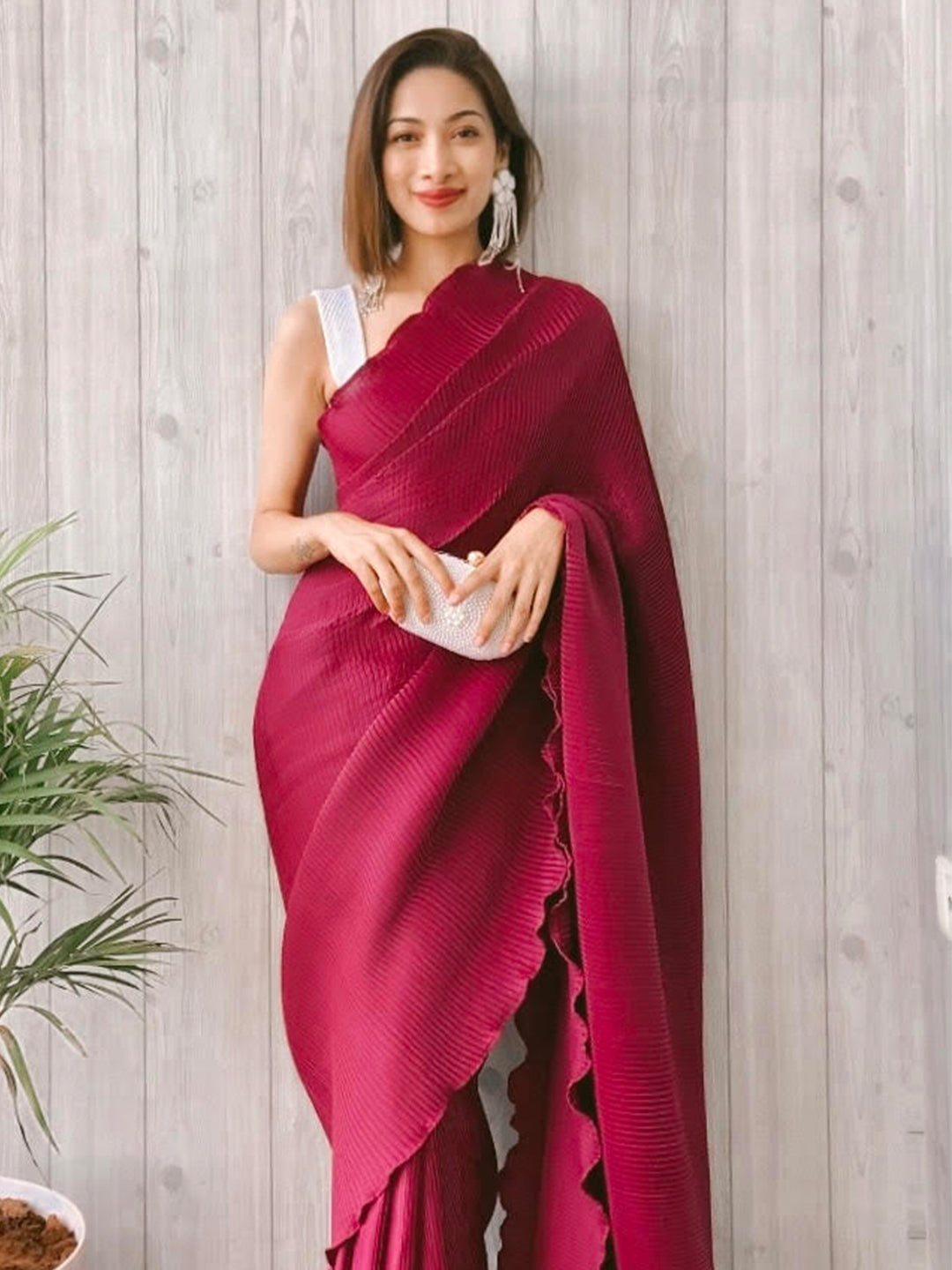 Magenta Pleated Satin Georgette Saree With Blouse Fabric