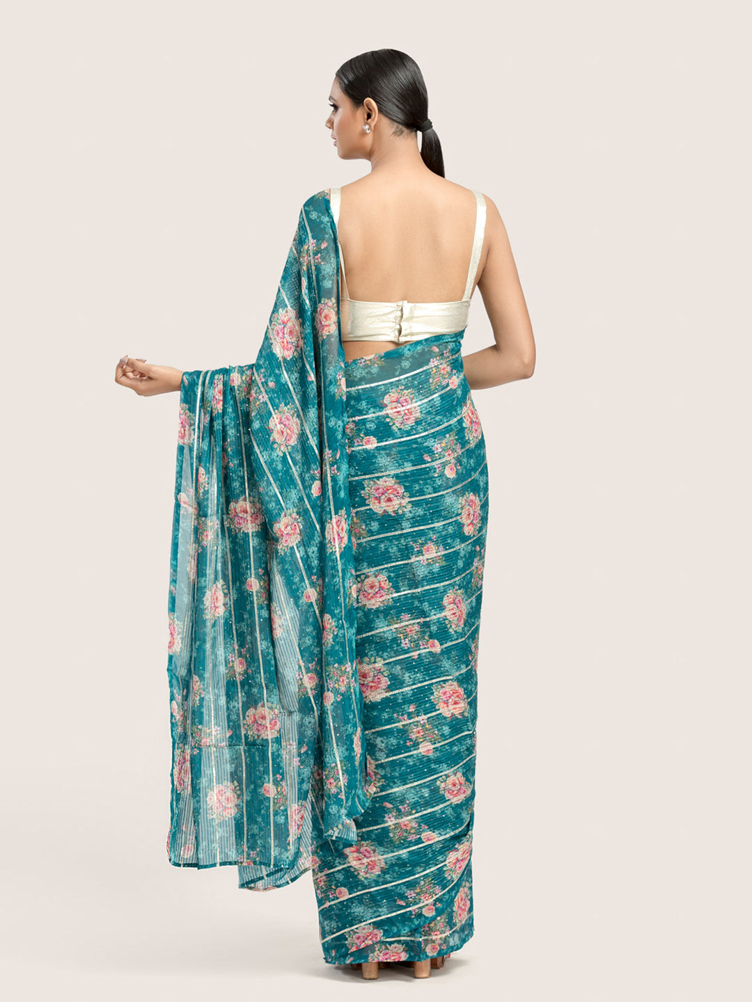 Steel Blue Floral Printed Georgette Sequins Saree With Blouse Fabric