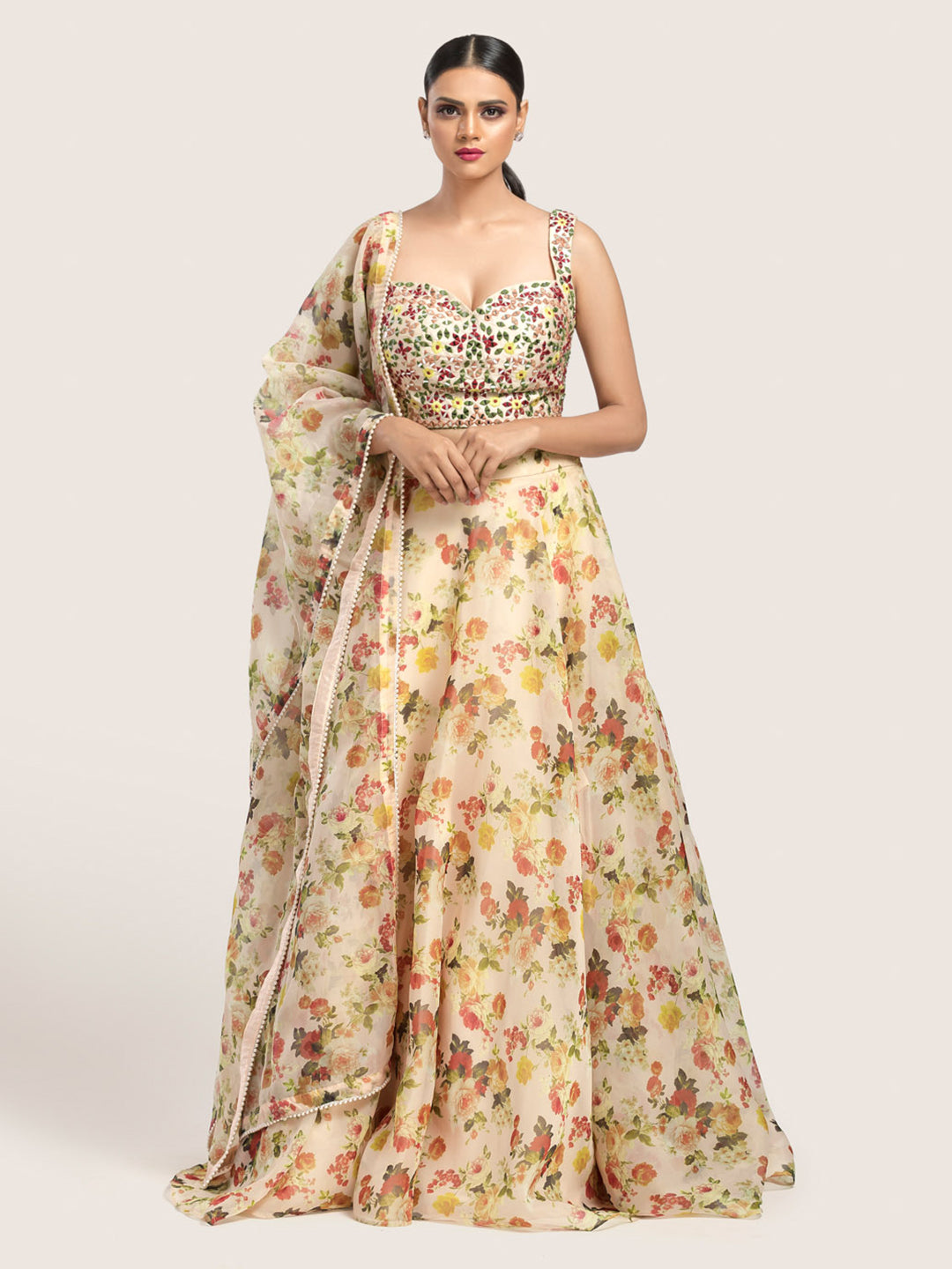 Light Peach Multicolor Floral Printed Lehenga Set With Hand Embroidered Work