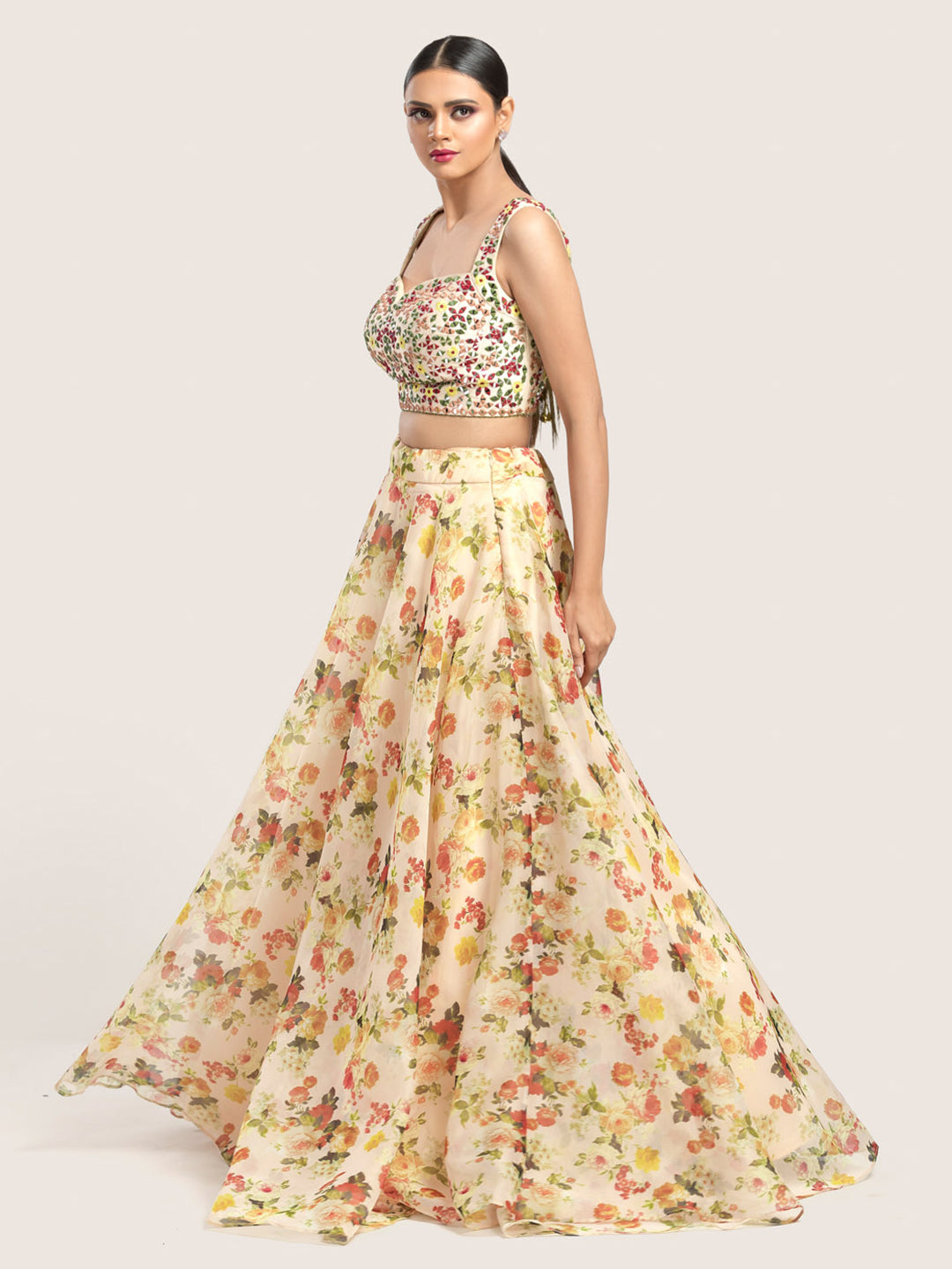 Light Peach Multicolor Floral Printed Lehenga Set With Hand Embroidered Work