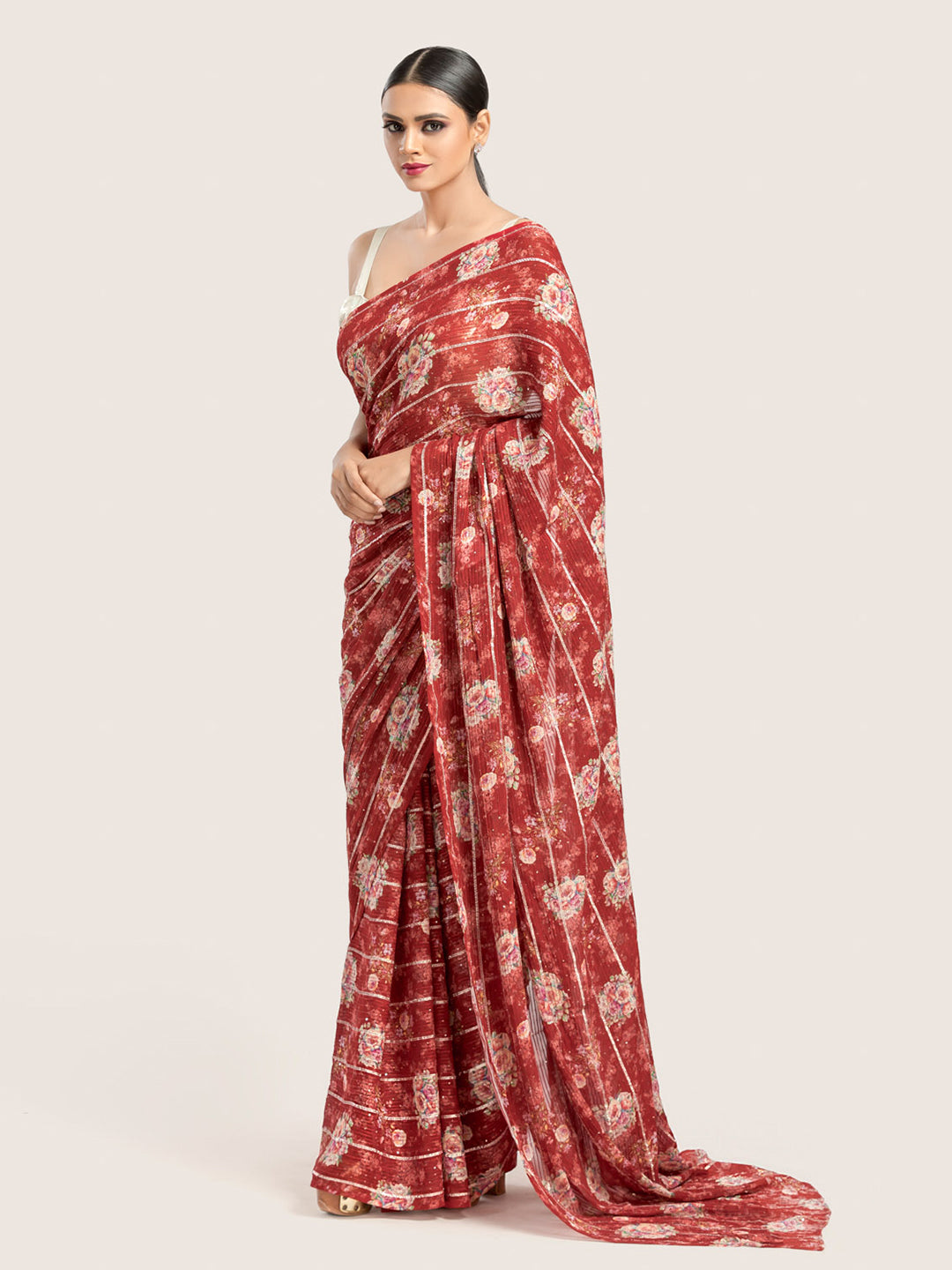 Maroon Floral Printed Georgette Sequins Saree With Blouse Fabric