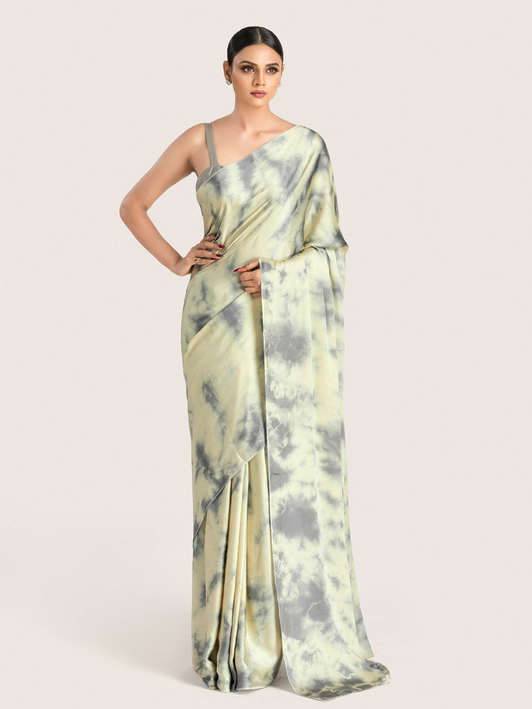 Grey & Cream Tie-dye Modal Satin Saree With Blouse Fabric