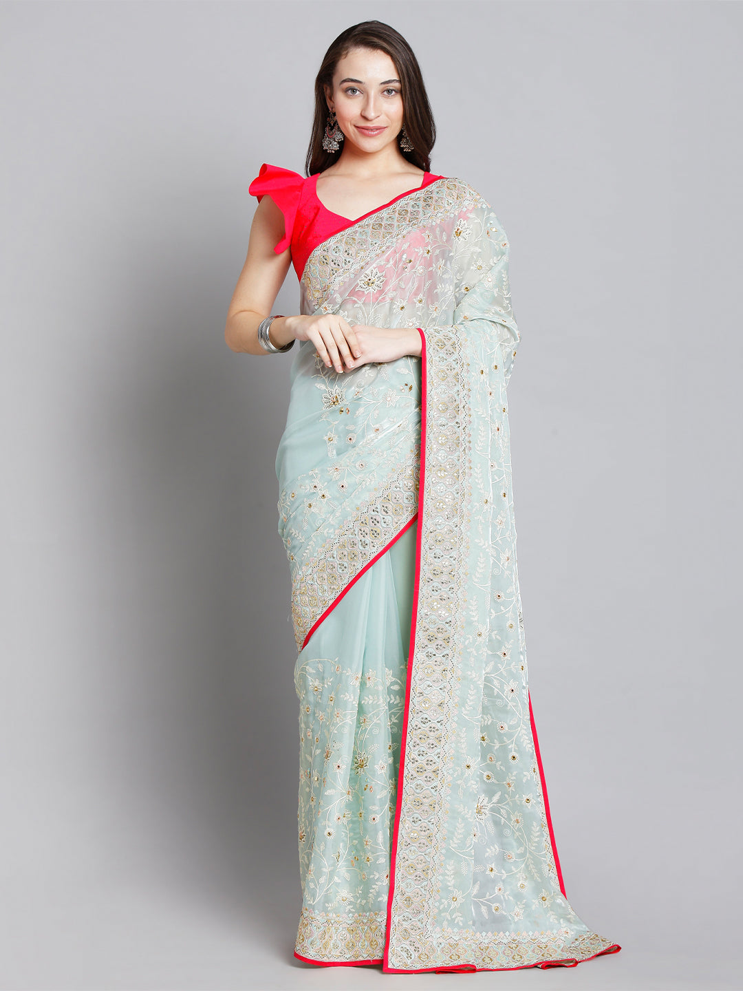 Blue Organza Saree With Floral Embroidery