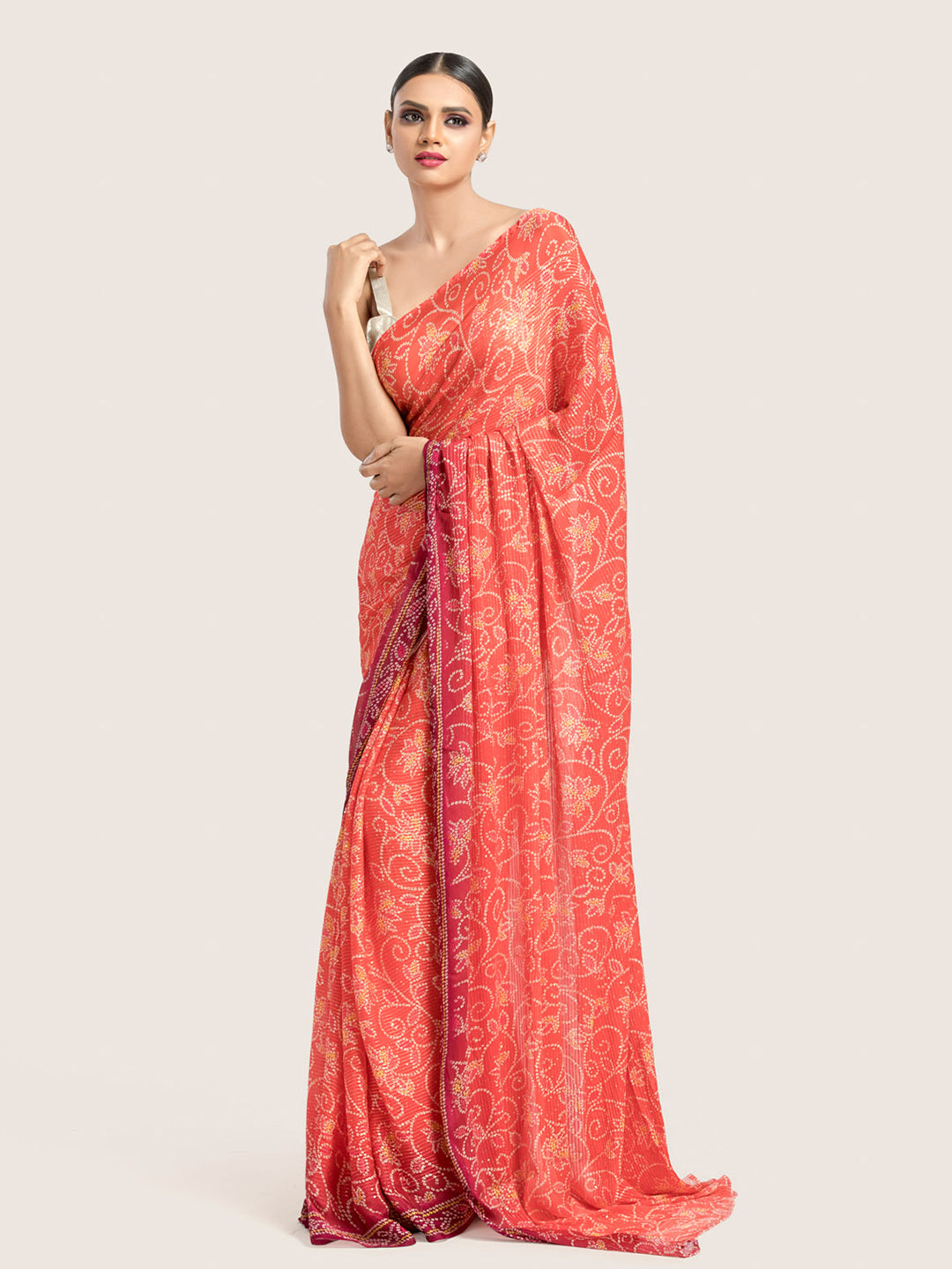 Orange Bandhani Print Georgette Sequins Saree With Blouse Fabric
