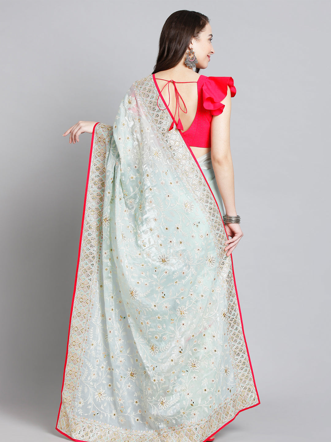 Blue Organza Saree With Floral Embroidery