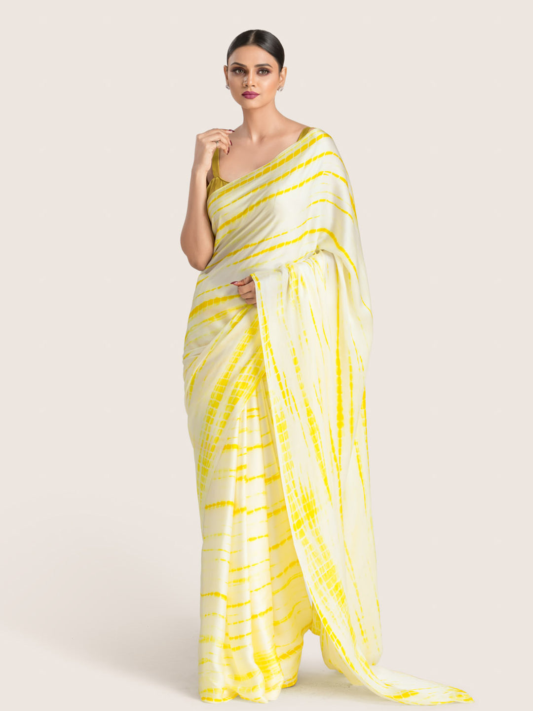 Yellow & White Tie-dye Modal Satin Saree With Blouse Fabric