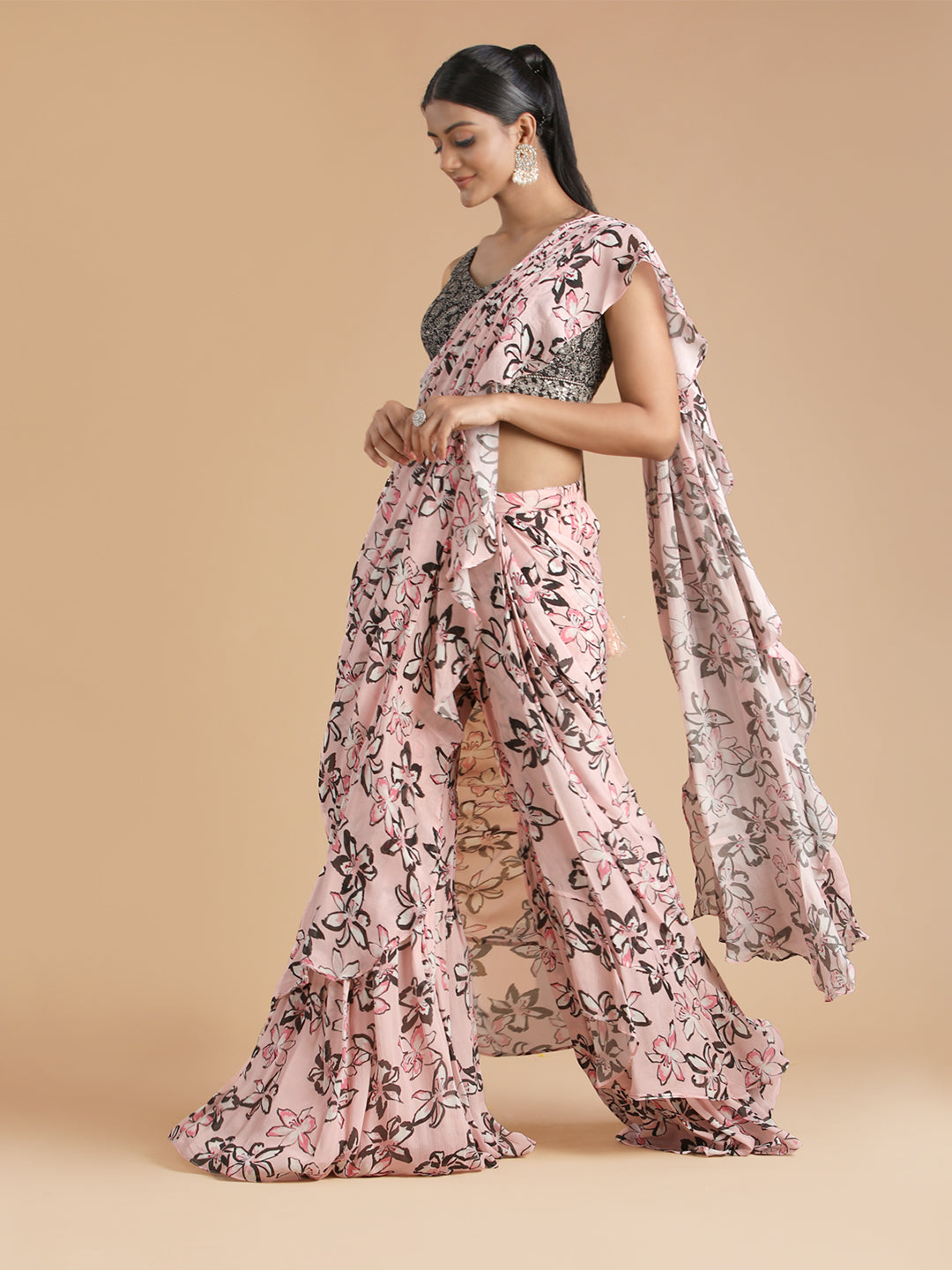 Pink Saree-Style Sharara With Floral Print