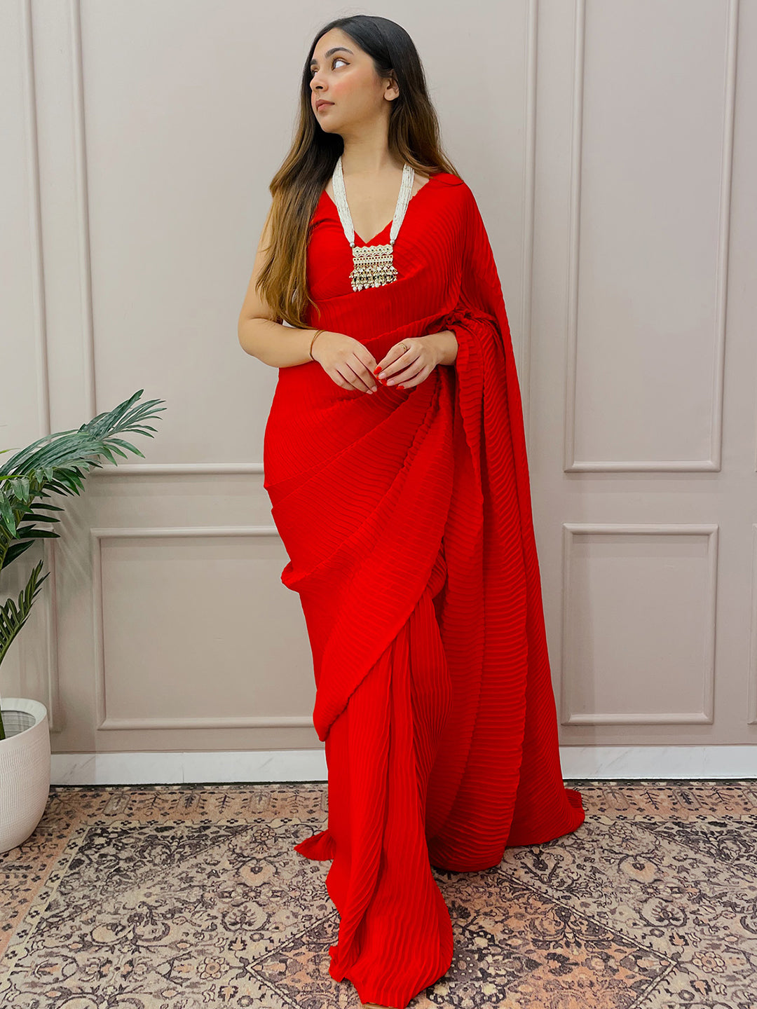 Red Pleated Satin Georgette Saree With Blouse Fabric
