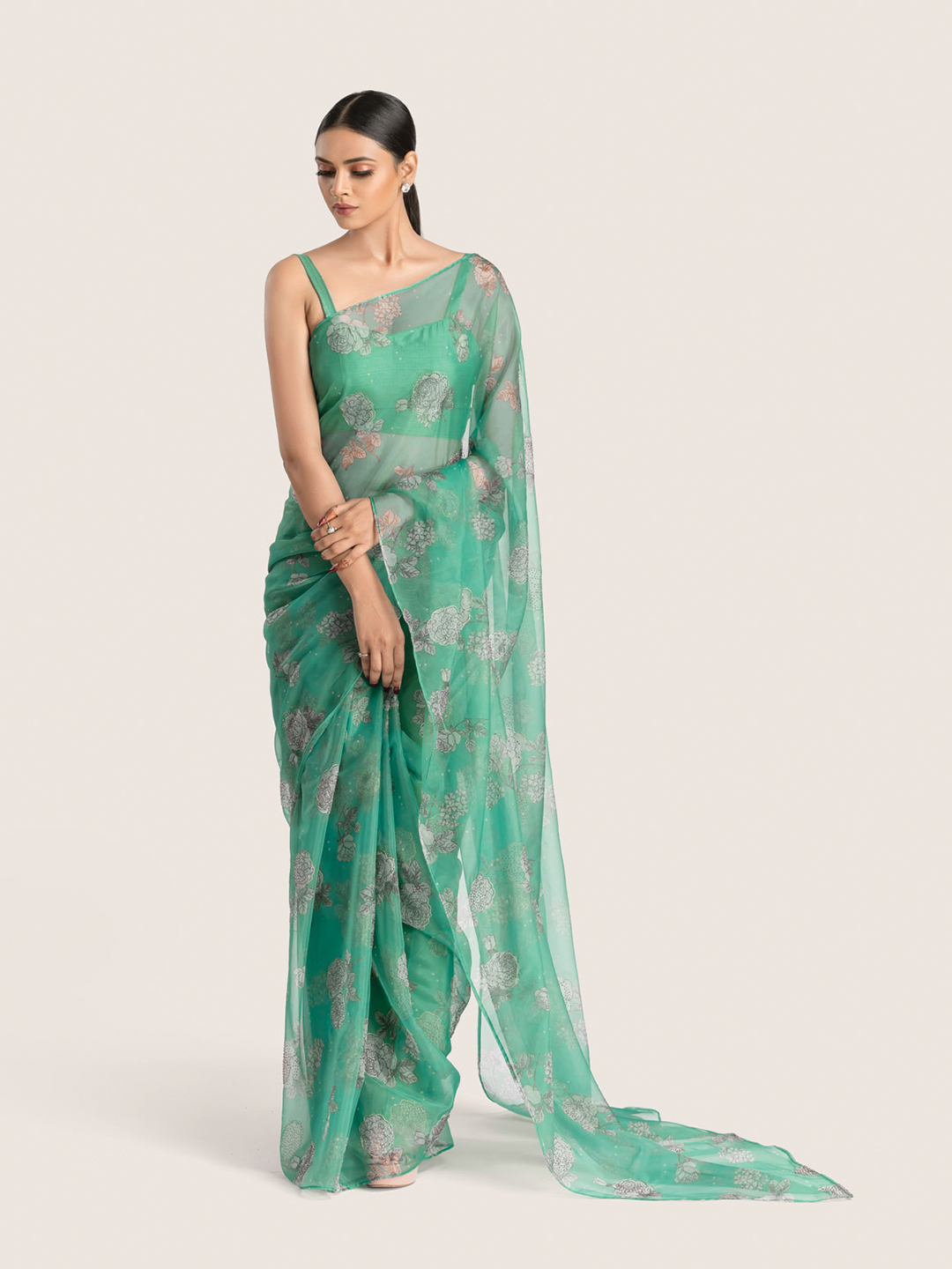 Floral Printed Green Organza Saree With Blouse Fabric