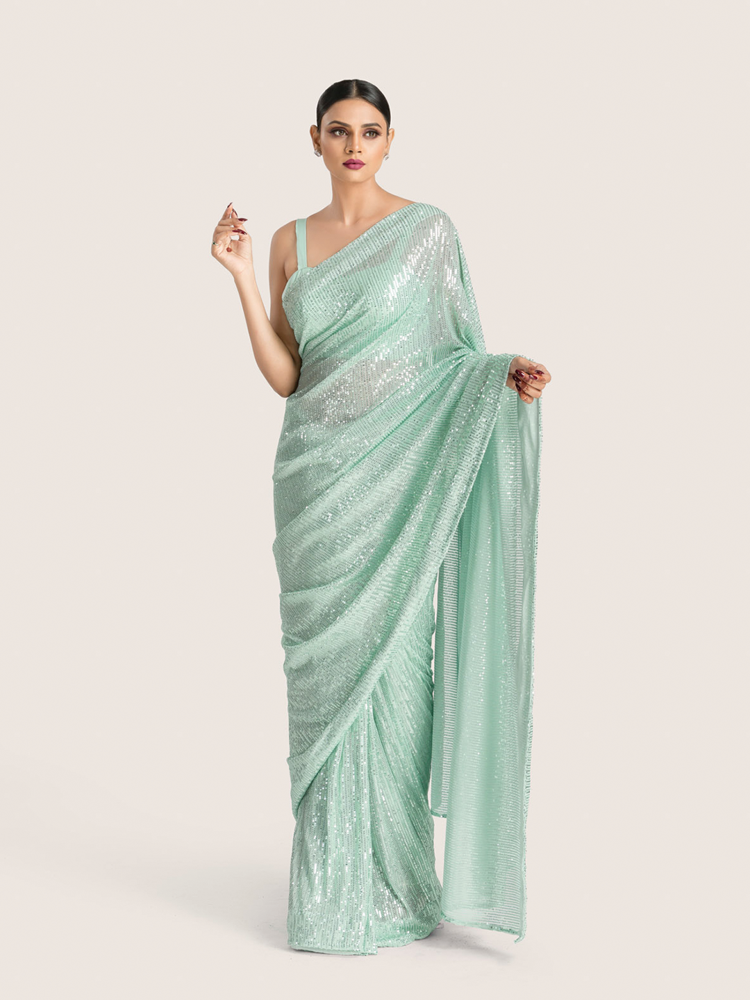 Turquoise Sequins Saree With Blouse Fabric