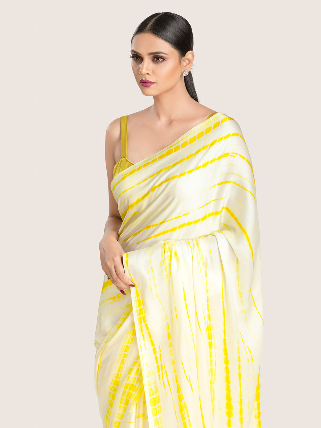 Yellow & White Tie-dye Modal Satin Saree With Blouse Fabric