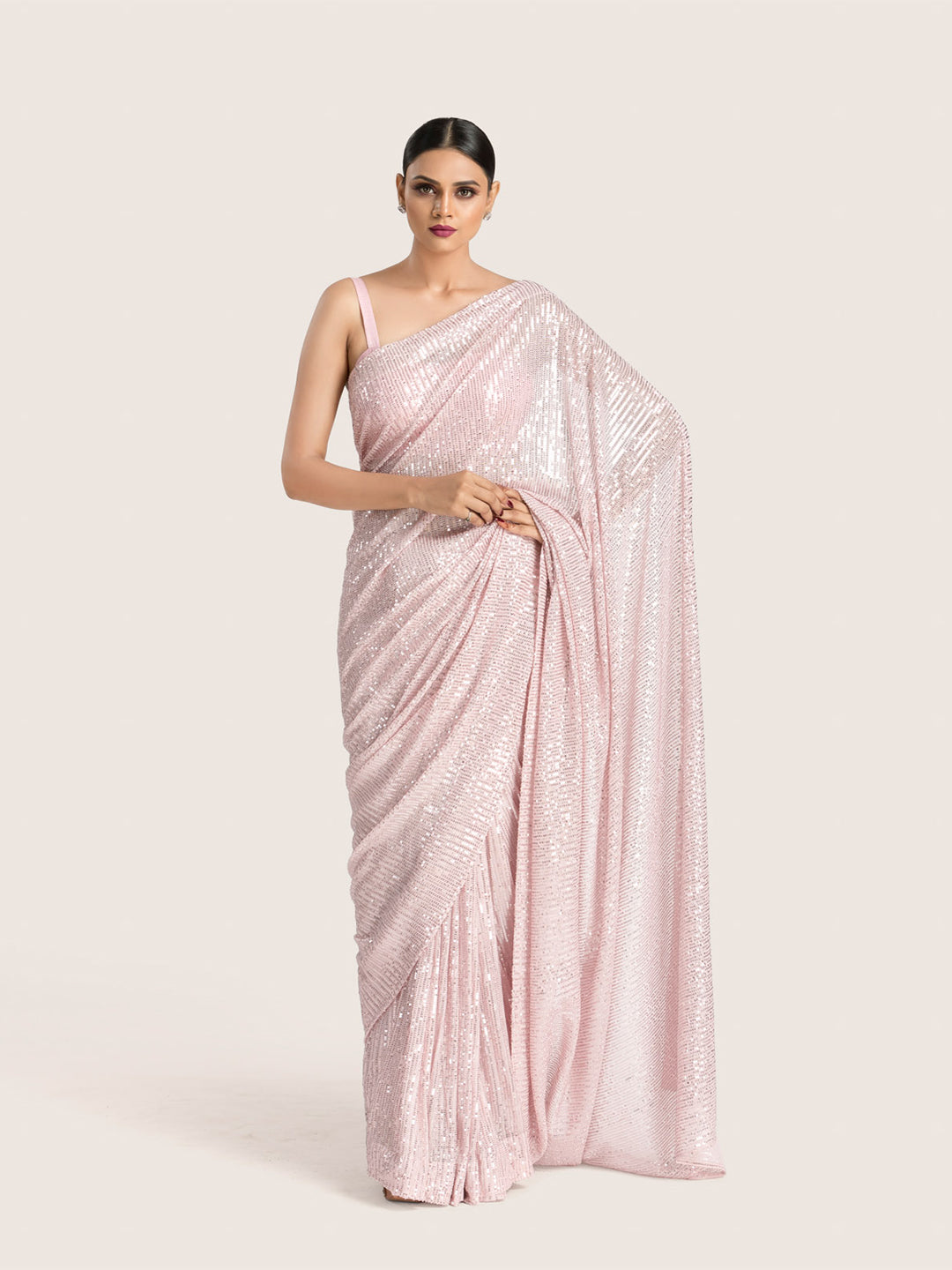 Baby Pink Sequins Saree With Blouse Fabric