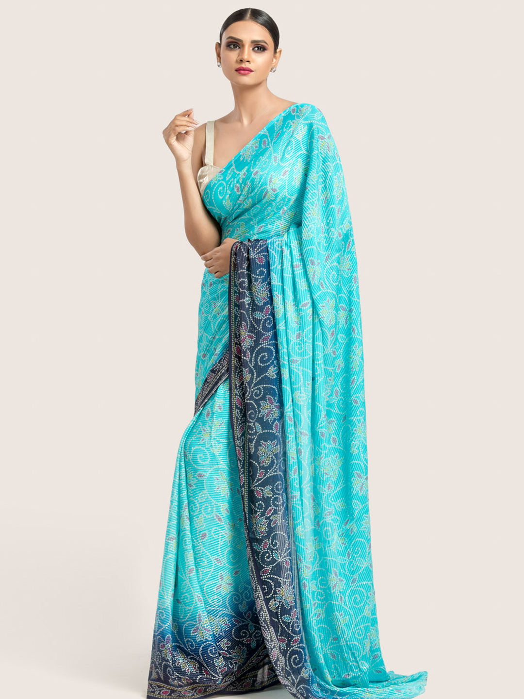 Blue Bandhani Print Georgette Sequins Saree With Blouse Fabric