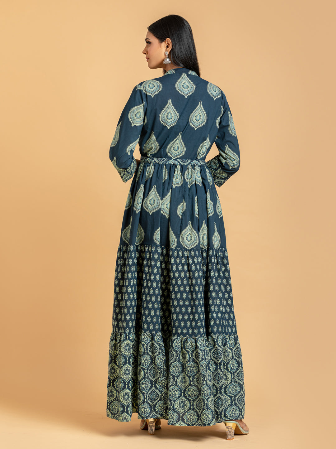 Dark Blue Tiered Dress With Floral Print In Cotton