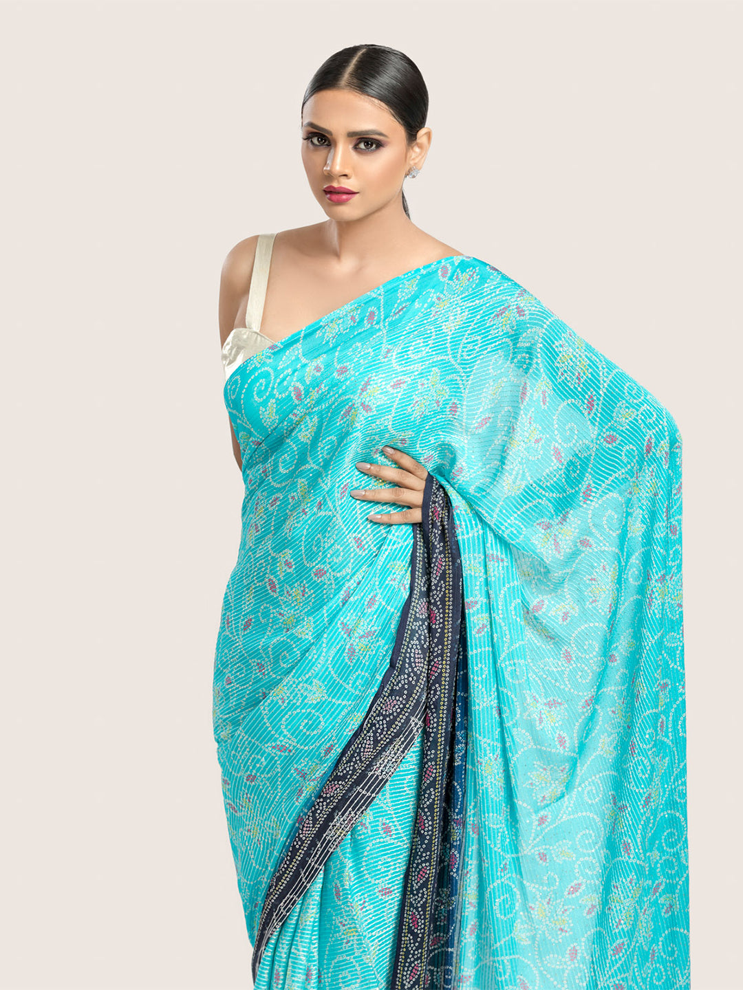Blue Bandhani Print Georgette Sequins Saree With Blouse Fabric