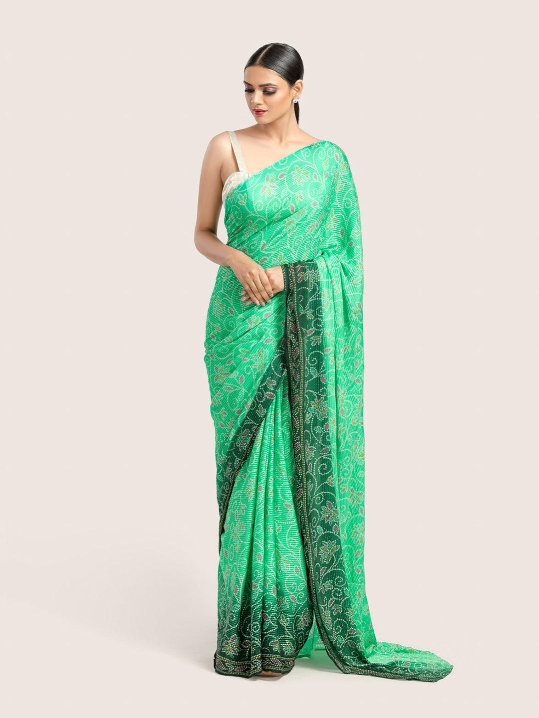Green Bandhani Print Georgette Sequins Saree With Blouse Fabric