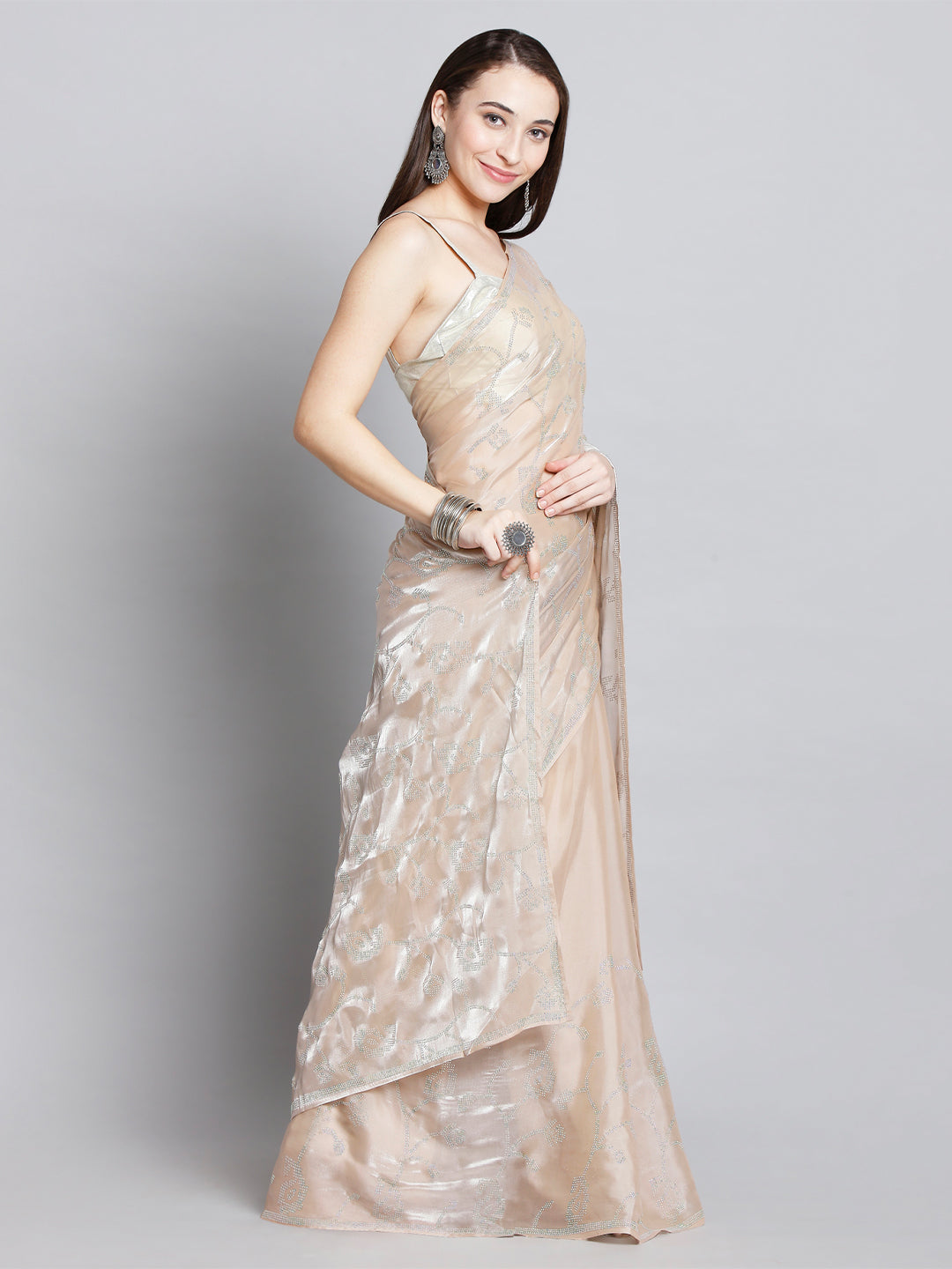 Peach Soft Tissue Saree With Floral Embroidery