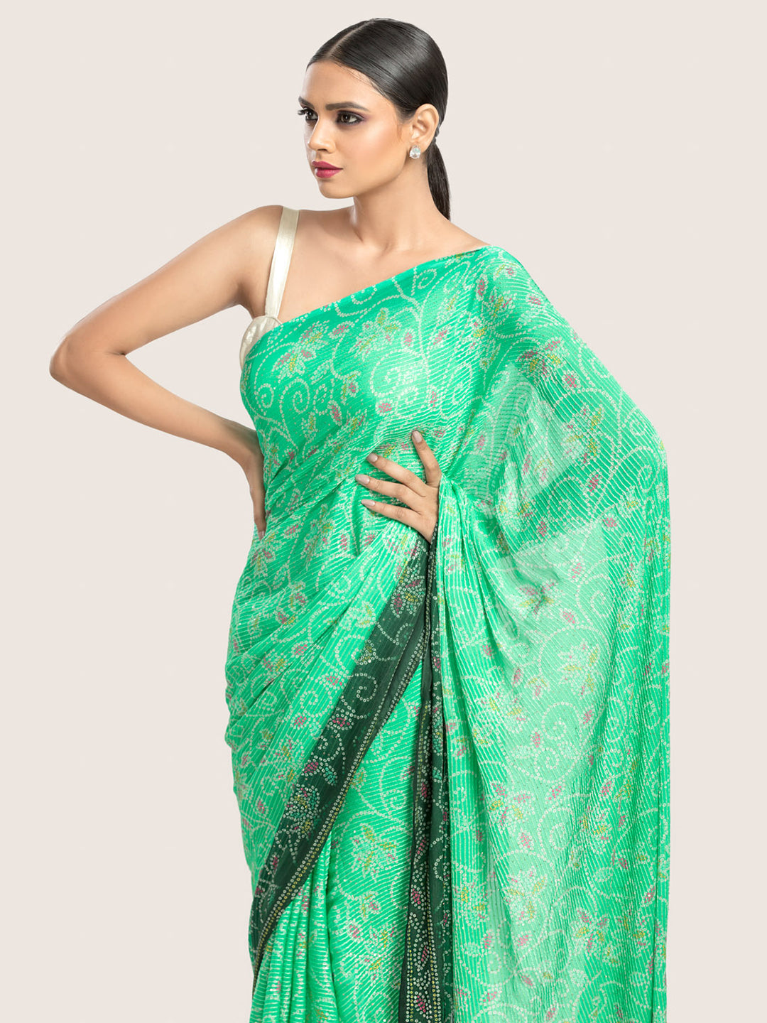 Green Bandhani Print Georgette Sequins Saree With Blouse Fabric