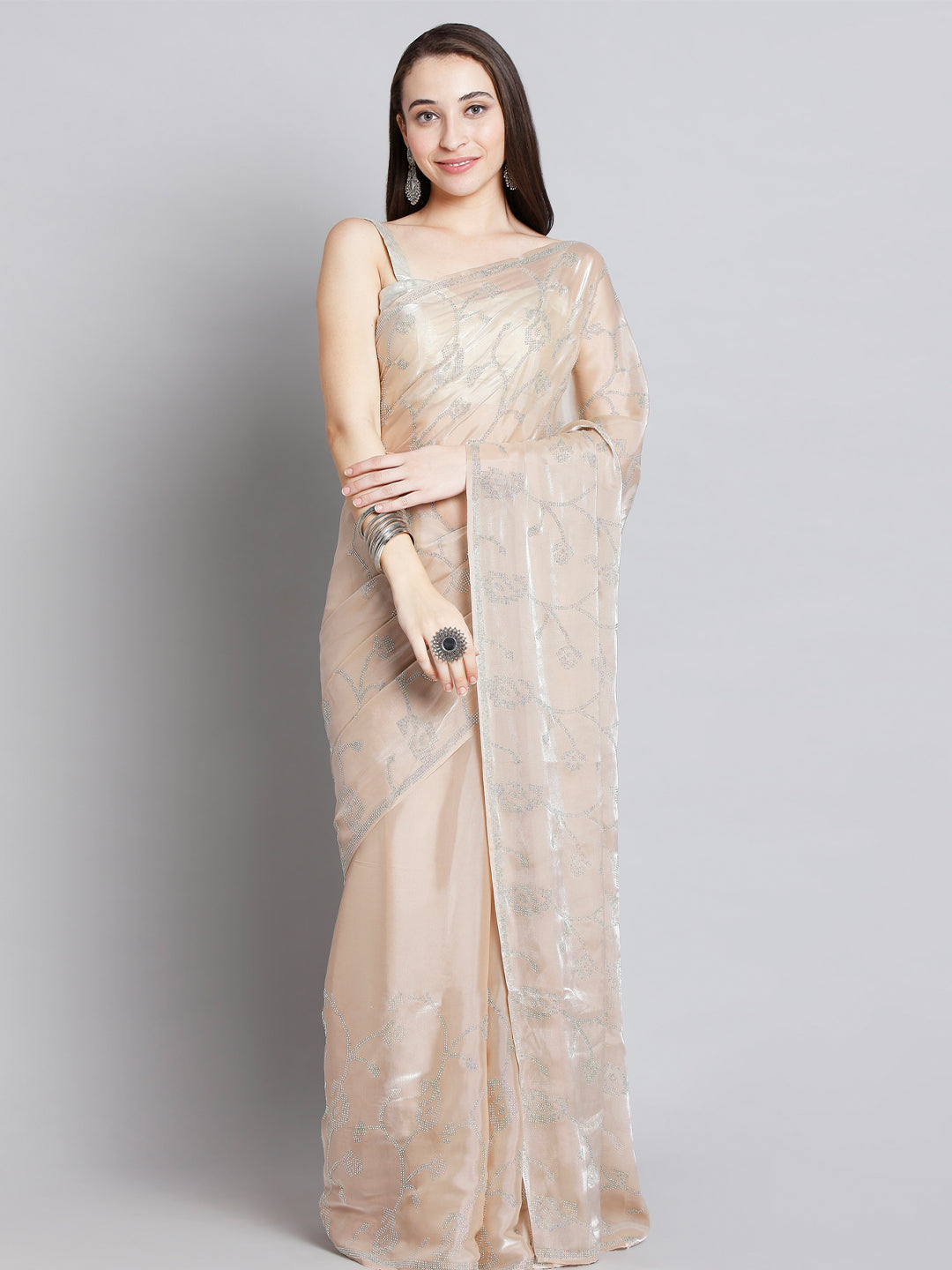 Peach Soft Tissue Saree With Floral Embroidery