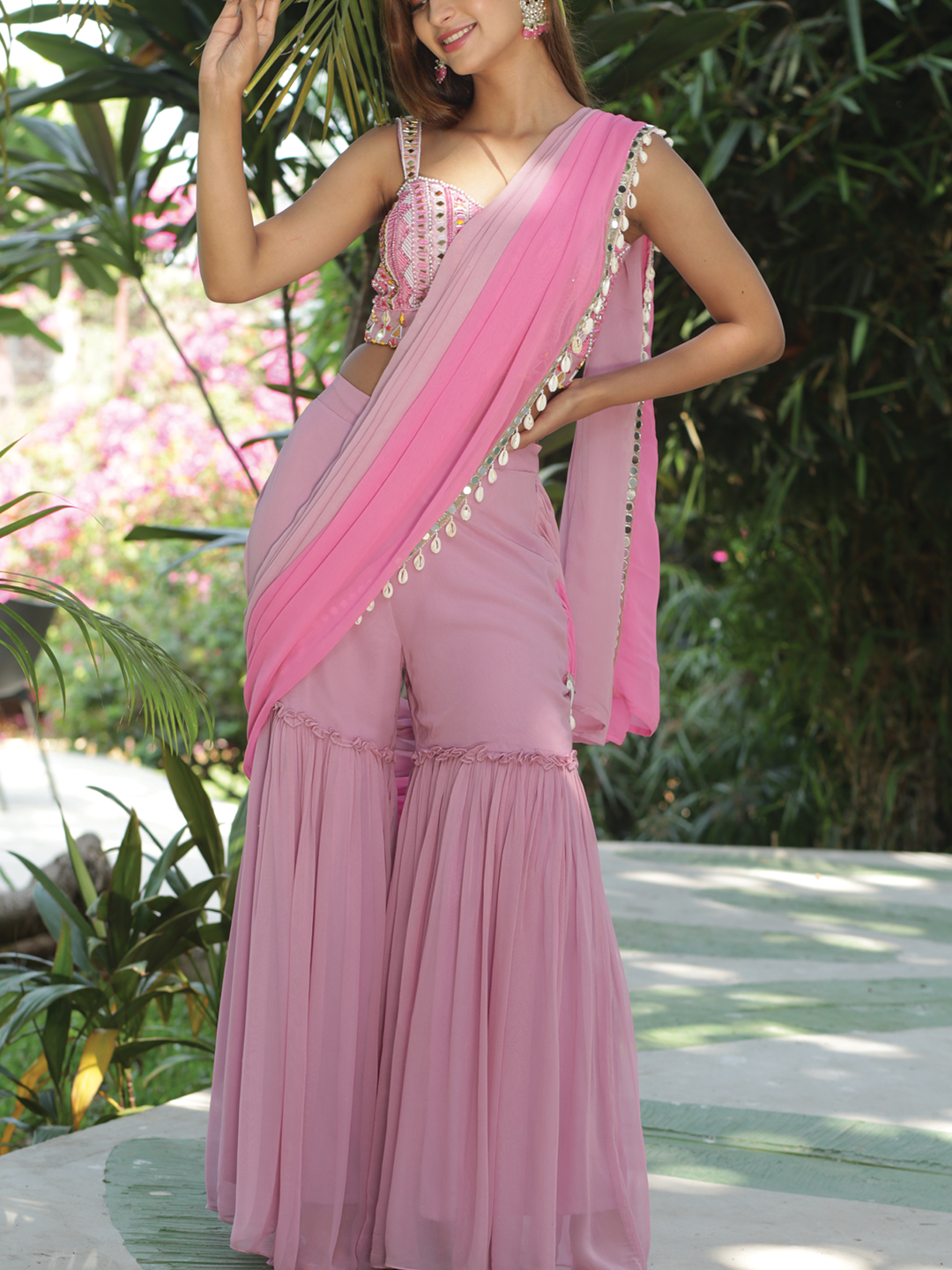 Rose Pink Sharara Style Saree