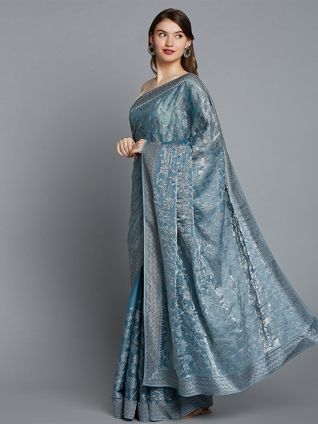 Steel Blue Soft Tissue Saree With Floral Embroidery