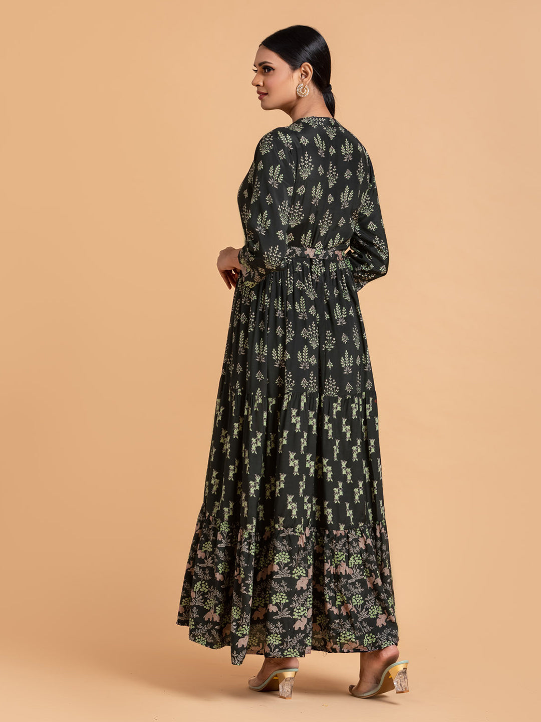 Black Tiered Dress With Floral Print In Cotton
