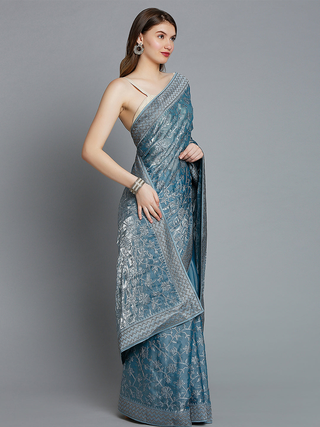 Steel Blue Soft Tissue Saree With Floral Embroidery