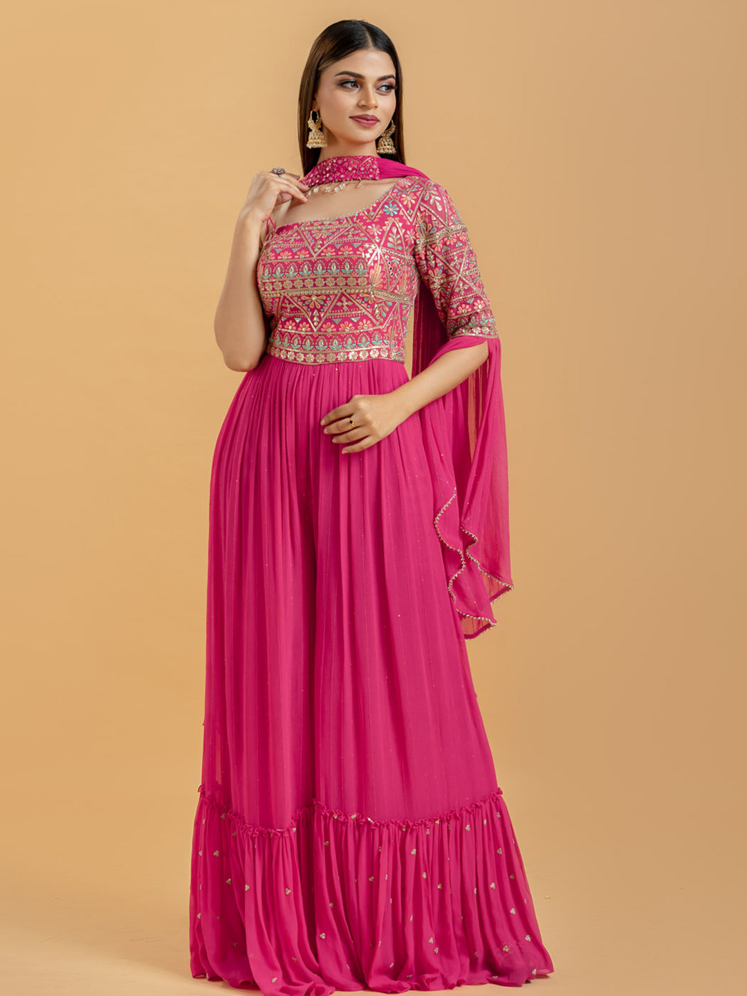 Pink One Shoulder Jumpsuit In Georgette With Resham And Sequins Embroidery On Bodice