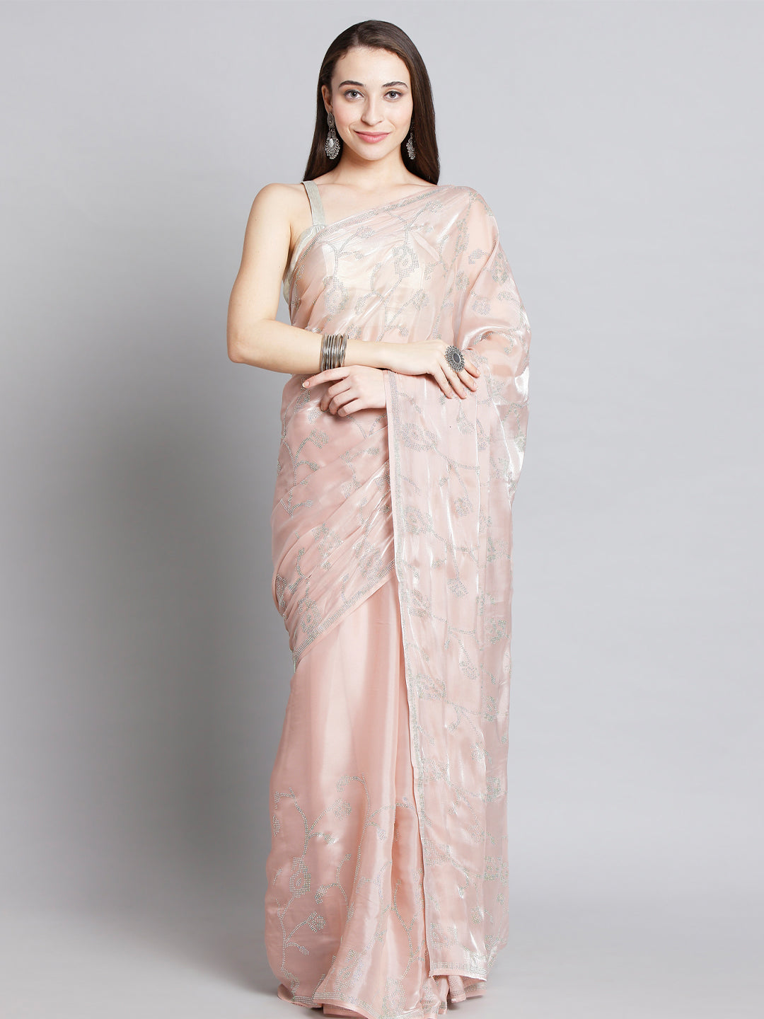 Blush Pink Soft Tissue Saree With Floral Embroidery