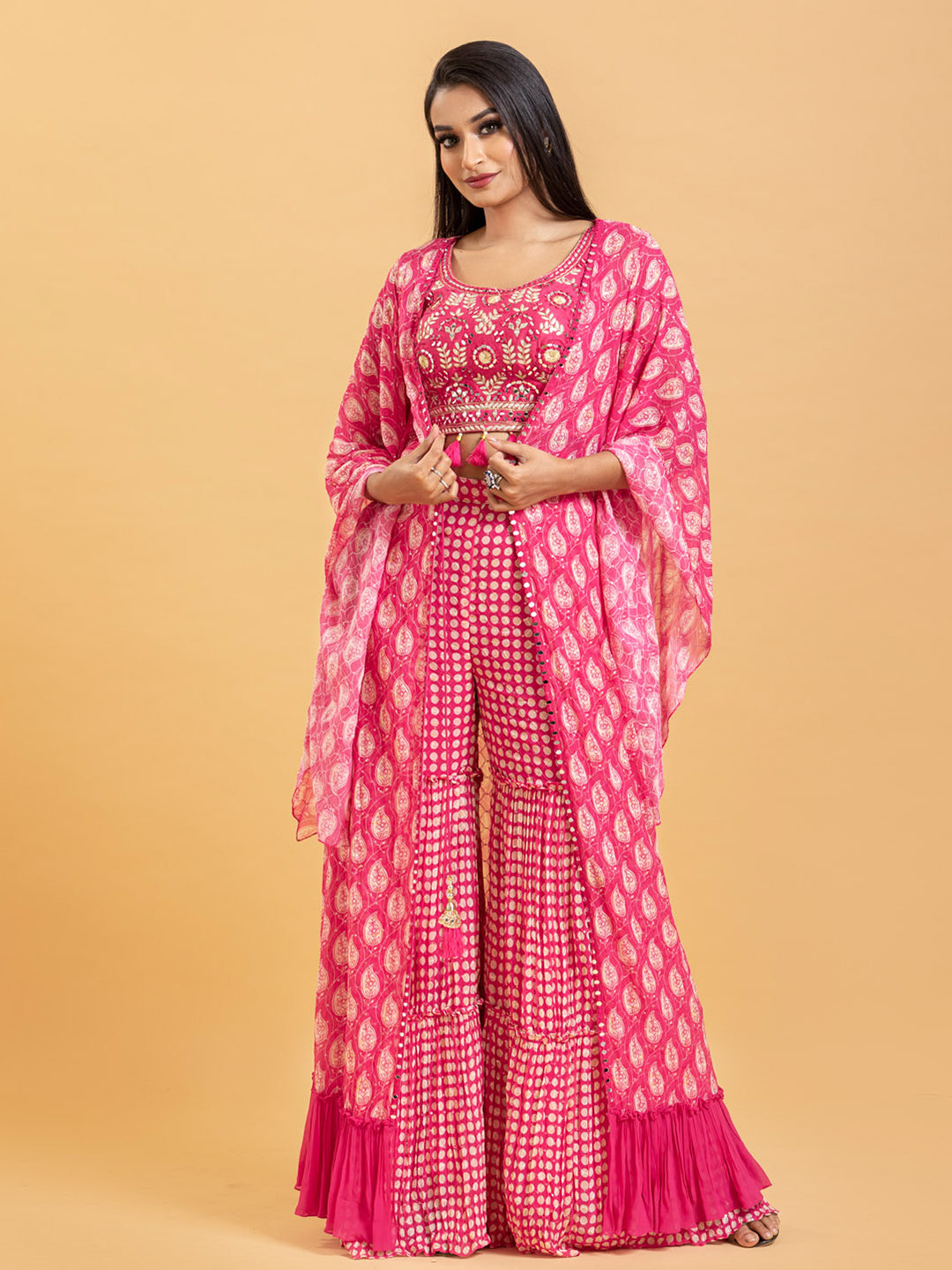 Pink Printed Palazzo Set With Hand Embroidered Work