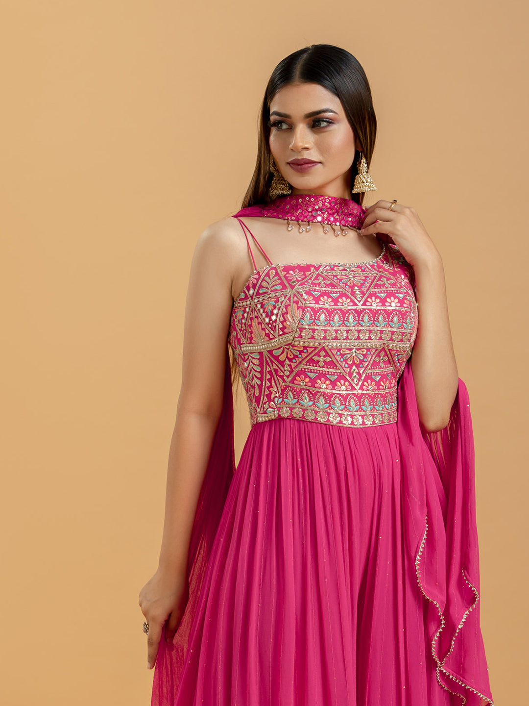 Pink One Shoulder Jumpsuit In Georgette With Resham And Sequins Embroidery On Bodice