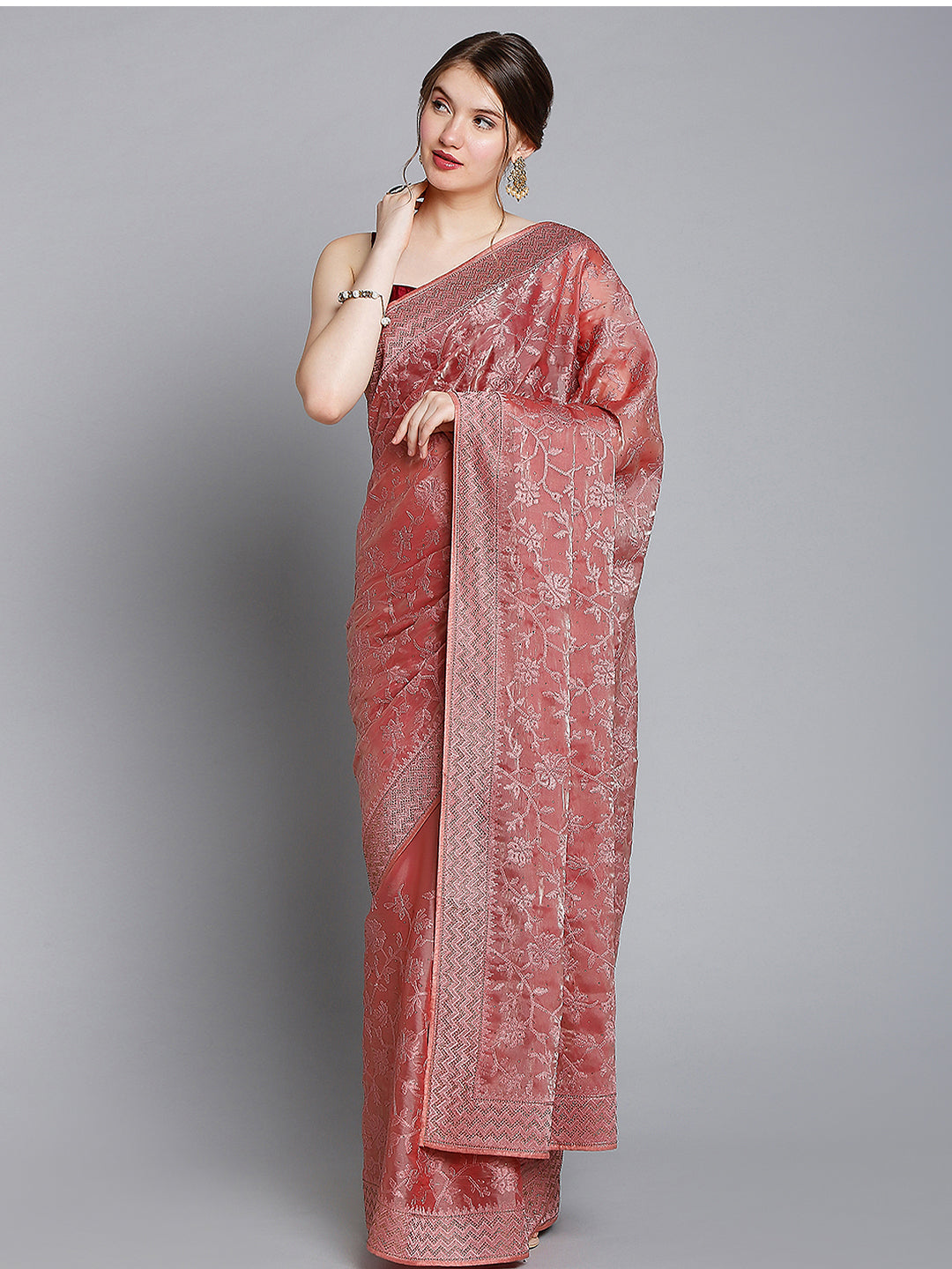 Rose Pink Soft Tissue Saree With Floral Embroidery