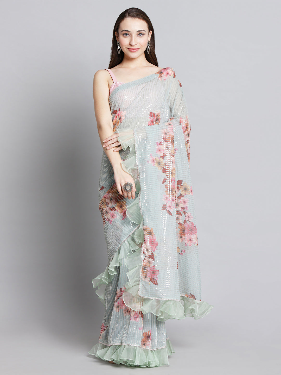 Light Green Floral Print Georgette Saree With Ruffle