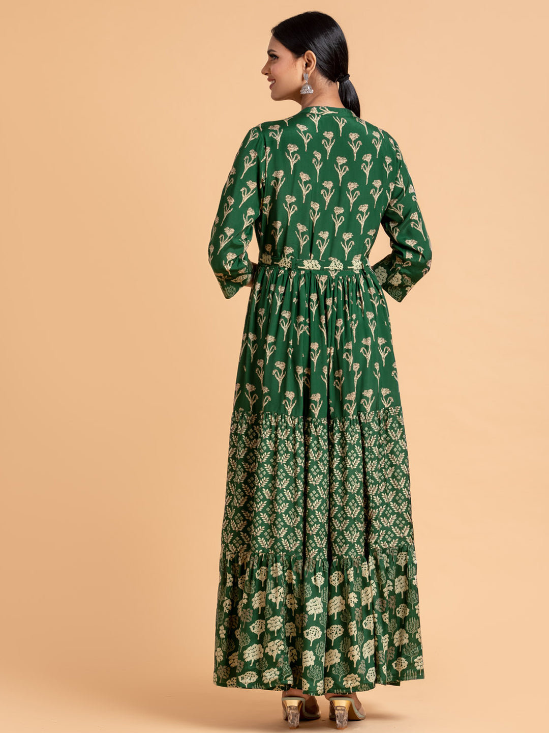 Emerald Green Tiered Dress With Floral Print In Cotton