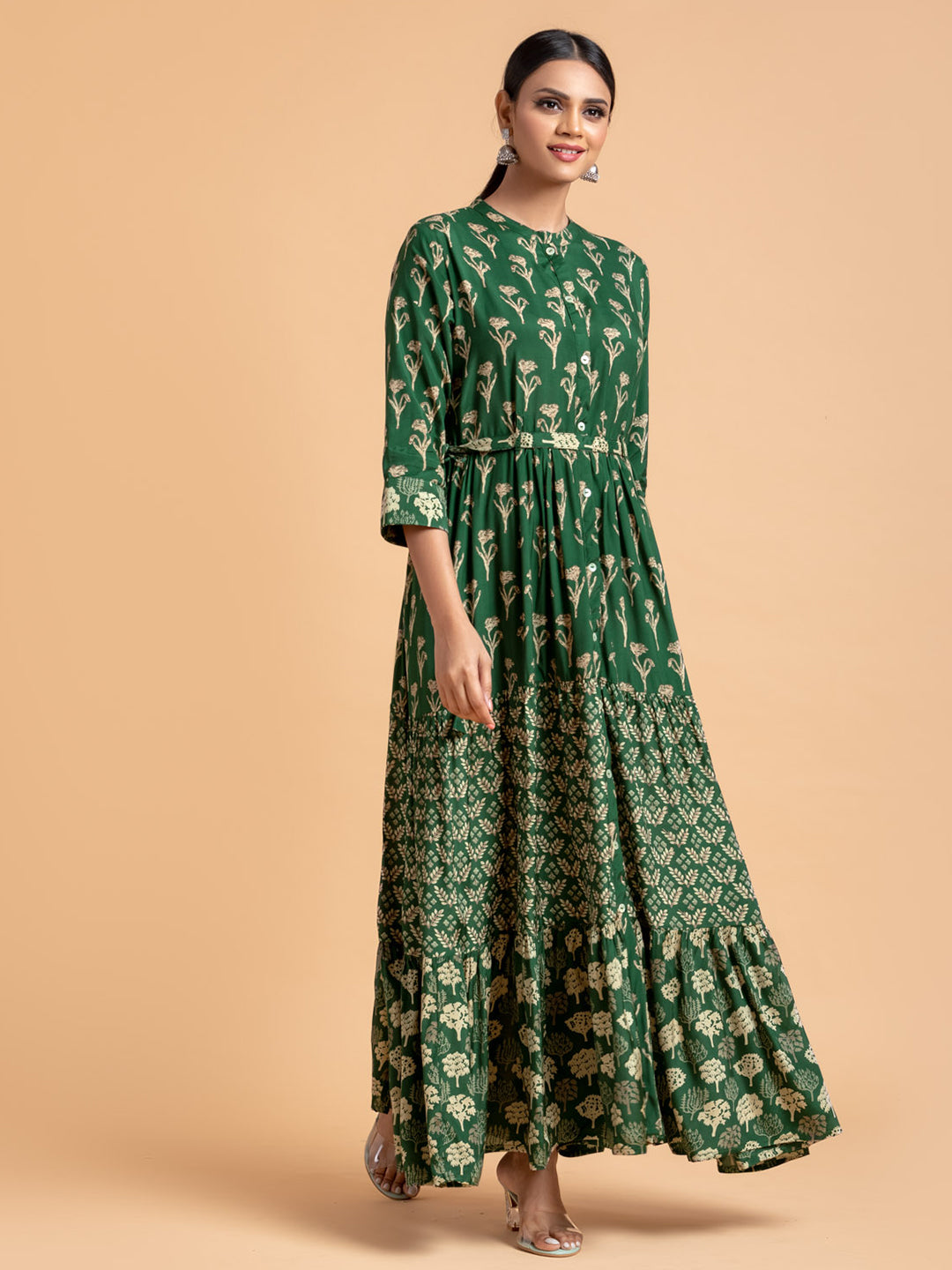 Emerald Green Tiered Dress With Floral Print In Cotton